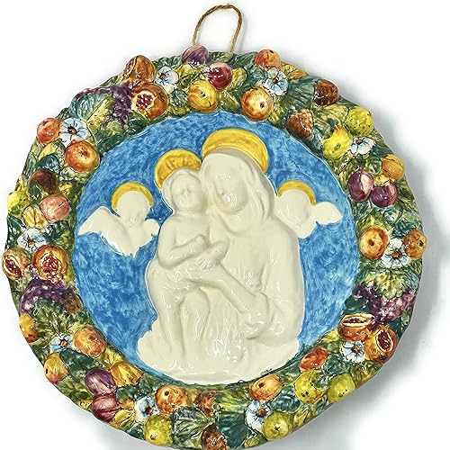 CERAMICHE D'ARTE PARRINI - Azulejo de cerámica italiana para colgar Madonna Della Robbia Estilo Cerámica Redondo Pintado a Mano Madonna Robbiana