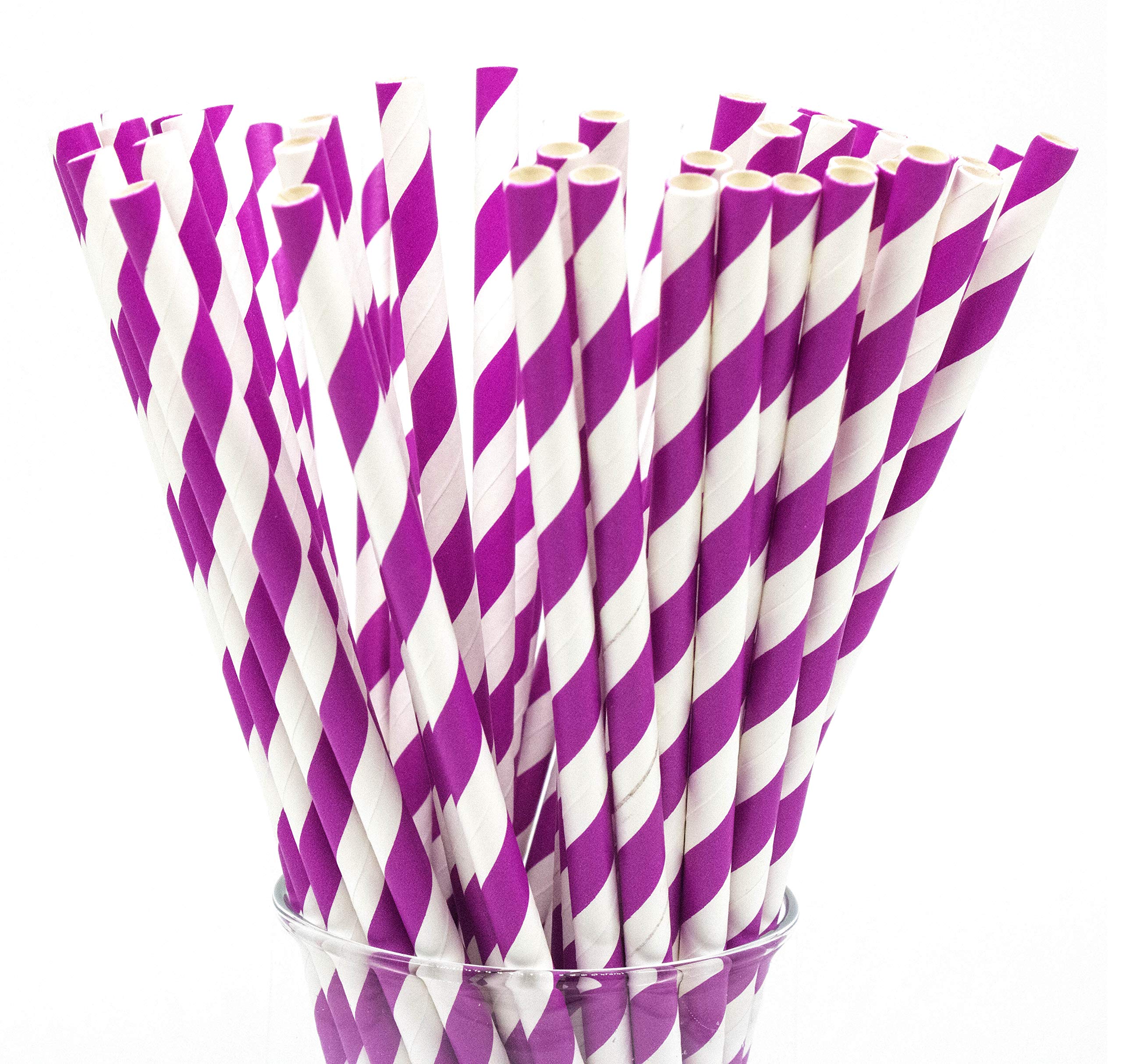 Fancy Paper Drinking Straws 100 Pcs Bulk Biodegradable Plastic Free Straws for Parties, Baby Birthdays, Weddings Party, DIY Decorations, Valentines, in Bright Color Striped (Purple with White Strips)