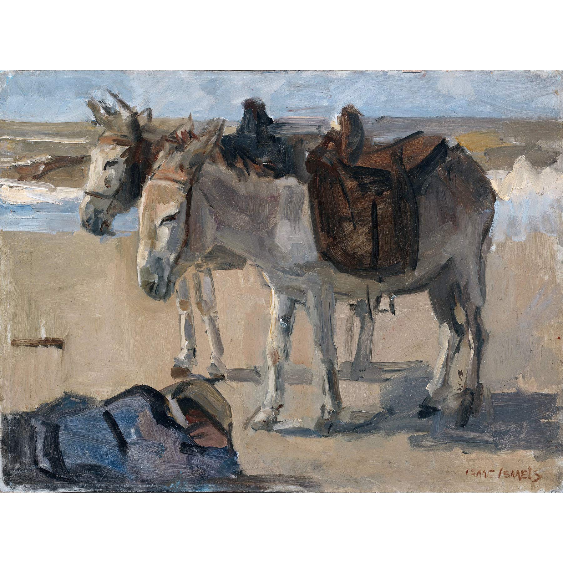 Artery8 Isaac Israels Two Donkeys On Beach Landscape Premium Wall Art Canvas Print 18X24 Inch