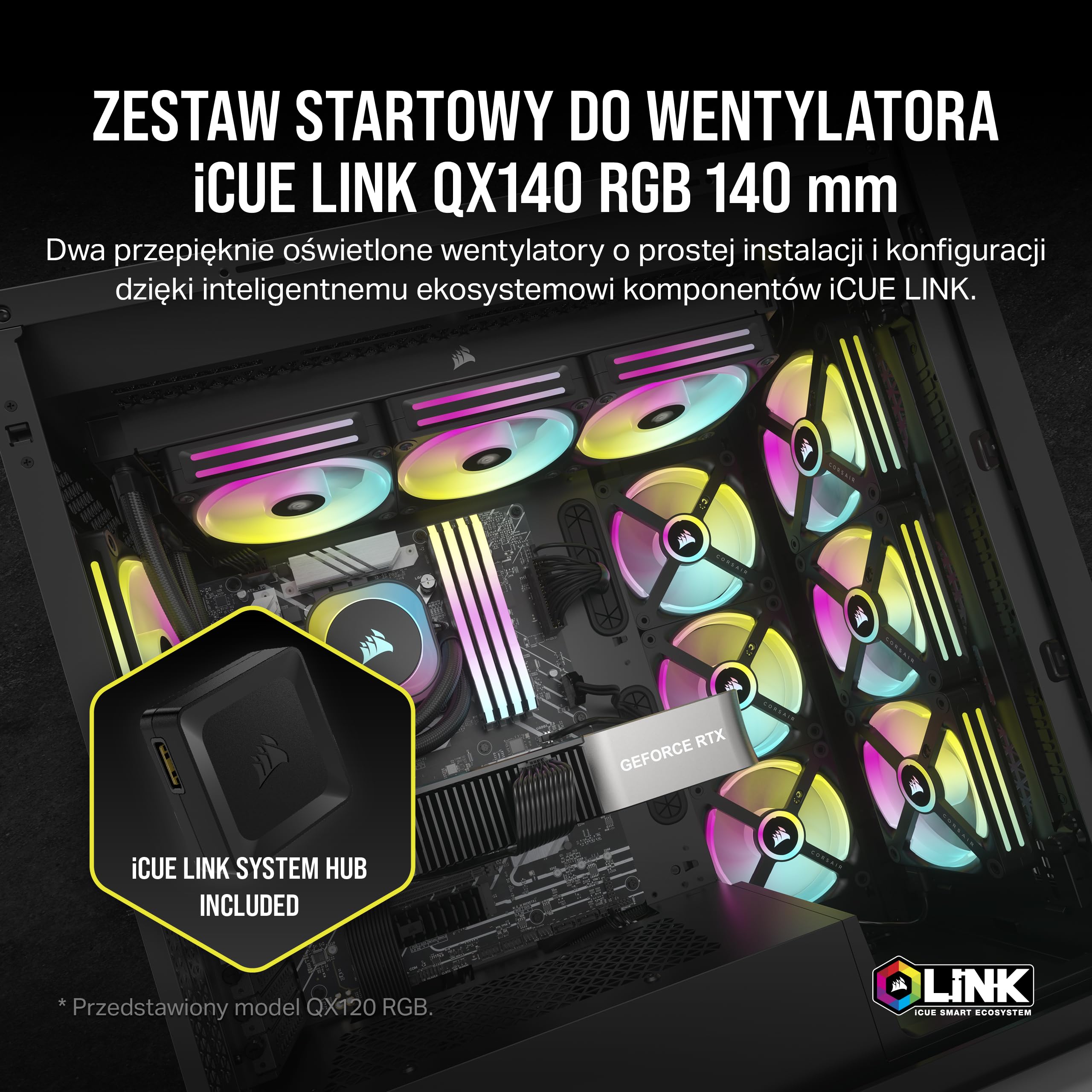 Corsair iCUE LINK QX140 RGB 120 mm Wentylatory – 2x Zestaw — Czarny | Magnetyczna kopuła, zestaw startowy z kontrolerem iCUE LINK, wydajne chłodzenie