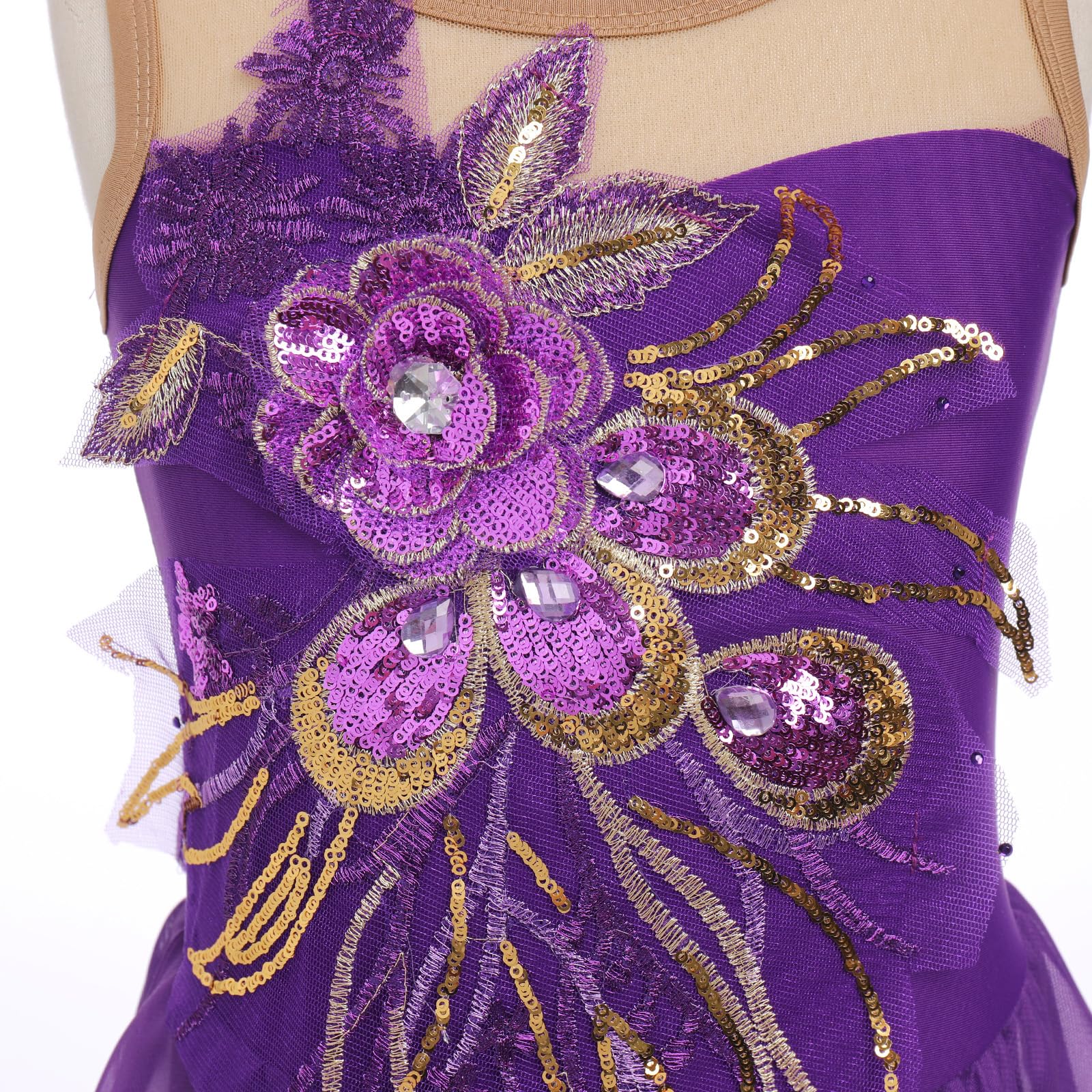 FYMNSI Robe de patinage artistique pour fille - Paillettes - Fleurs - Robe de ballet en mousseline de soie - Sans manches - Justaucorps de gymnastique - Vêtements de ballet pour 3-12 ans