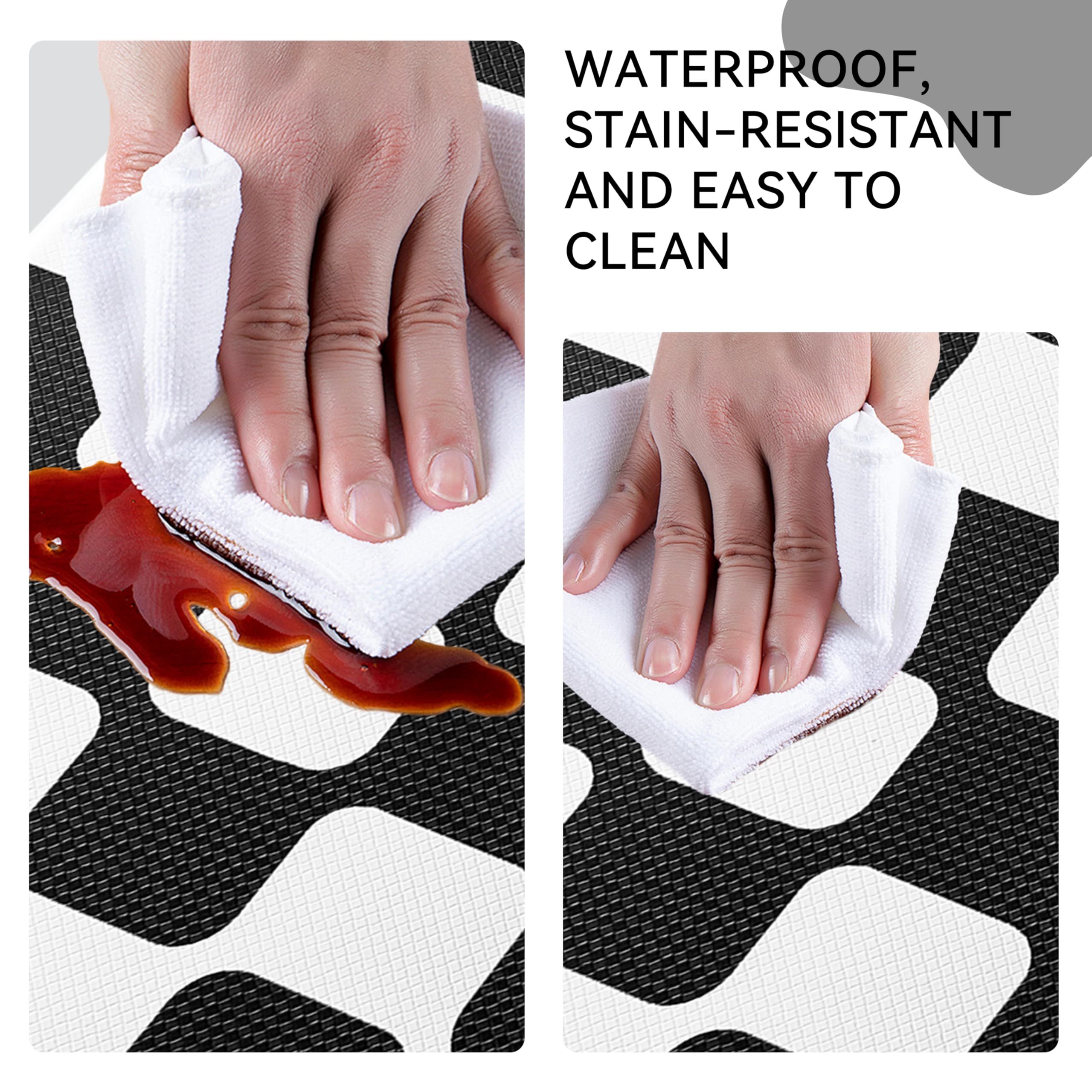 Juego de 2 alfombras de cocina a cuadros retro con curvas negras [2 piezas], antifatiga, impermeables, antideslizantes, resistentes, ergonómicas, cómodas, para suelo, hogar, lavandería, 17 x 29