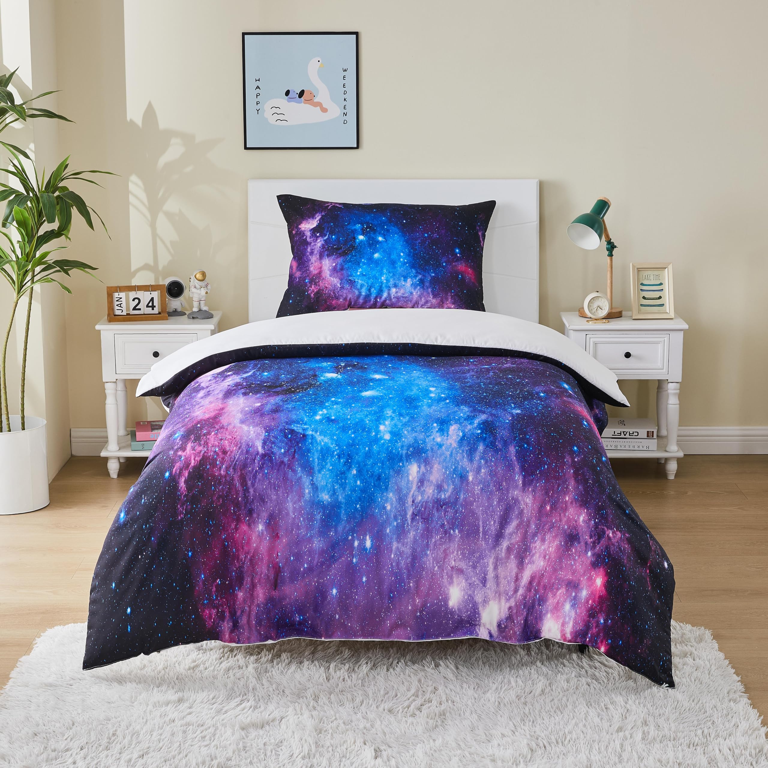 MUSOLEI Starry Sky Single Bedding Set for Kids Boys Girls, Lovely Nebula Microfibre Bed Duvet Cover Set, 3D Galaxy Blue Star Zipper Quilt Cover Sets 135Γ200cm with Pillowcase 50Γ75cm