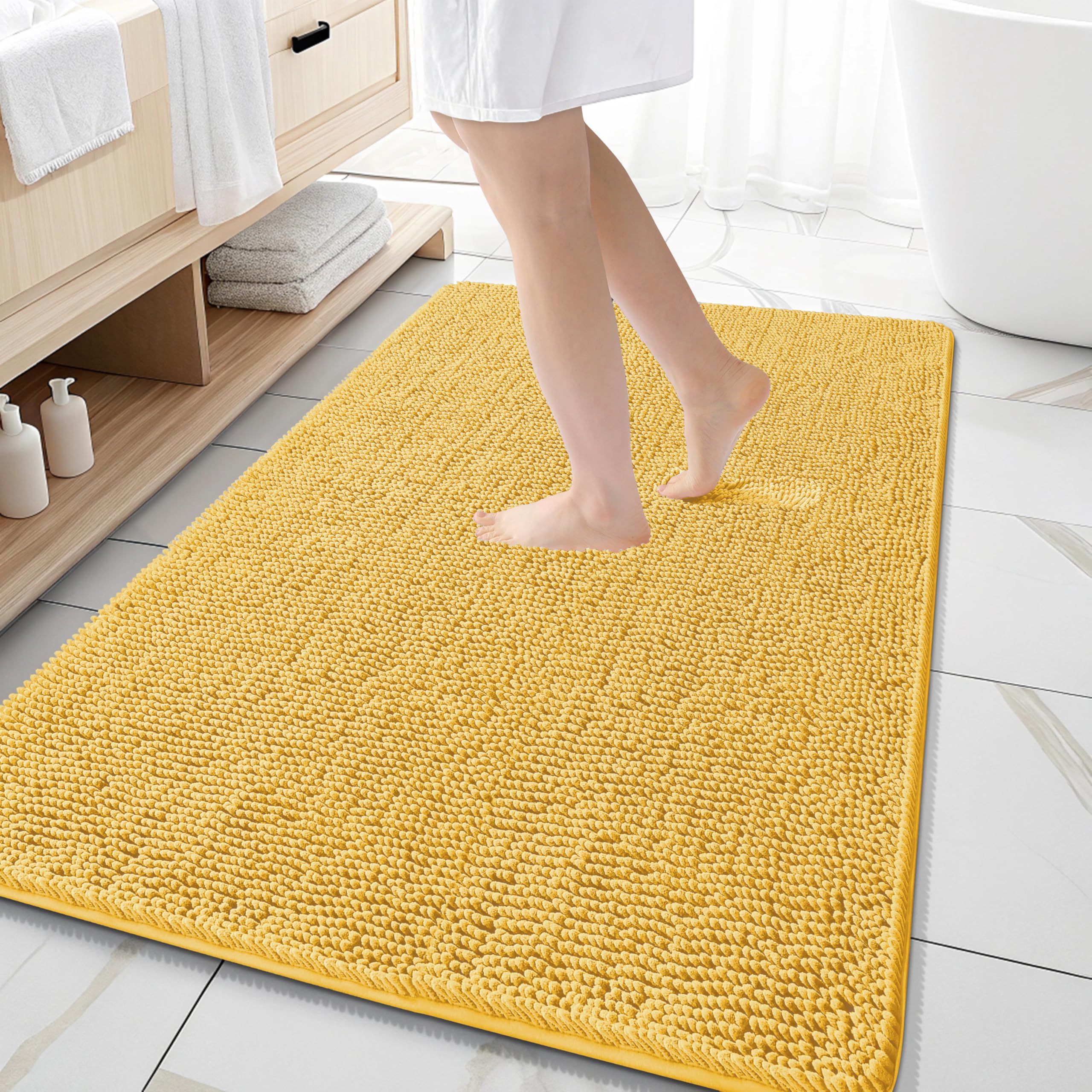 OLANLY Large Bathroom Rugs 59x35, Extra Soft Absorbent Chenille Bath Rugs | Yellow, Quick-Drying Rubber Backing, Machine Washable Bath Mat for Bathroom Floor, Tub and Shower, Home Decor Accessories