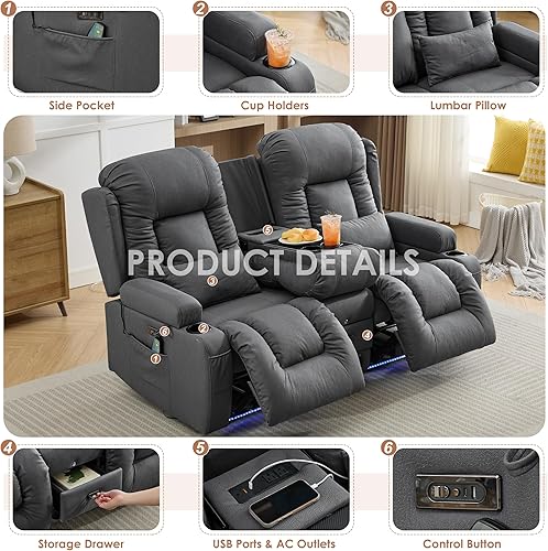 Miniatura 7 de TUNYI Wall Hugger - Sofá reclinable con consola, sofá biplaza reclinable eléctrico para autocaravana con masaje y calorUSBsalidaalmacenamientoluz