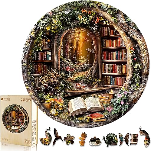 Miniatura 1 de KAAYEE Rompecabezas de madera para adultos, efecto visual 3D, biblioteca de casa del árbol, rompecabezas de madera de forma única, rompecabezas de