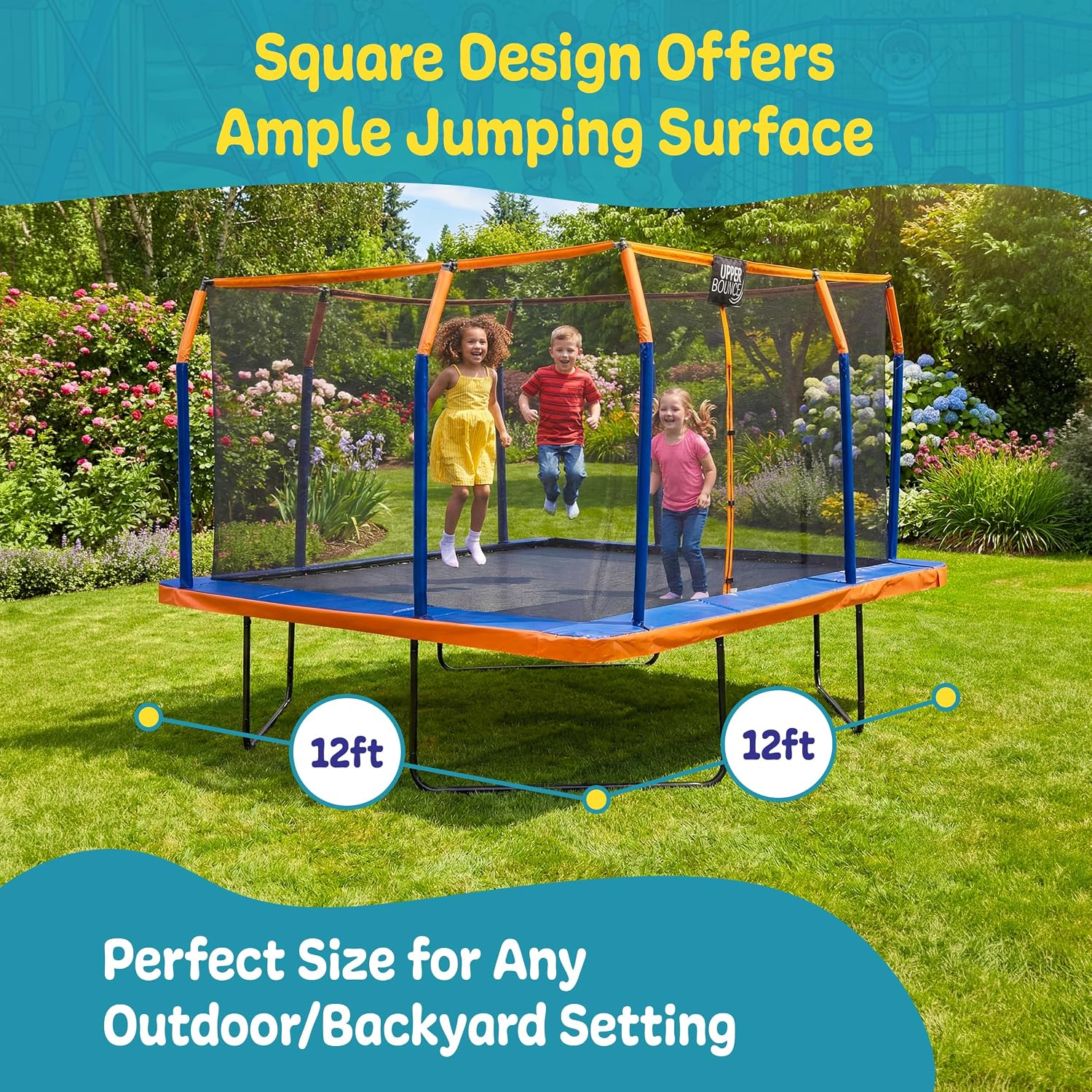 Upper Bounce Square Trampoline Outdoor Backyard with Enclosure Net, Recreational, Gymnastics Activity for Kids and Adults, High Weight Capacity 500 lbs