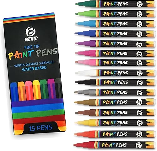 Beric Paquete de 15 bolígrafos de pintura de alta calidad, a base de agua, marcador, punta fina, escribe en casi cualquier cosa, resistente al agua