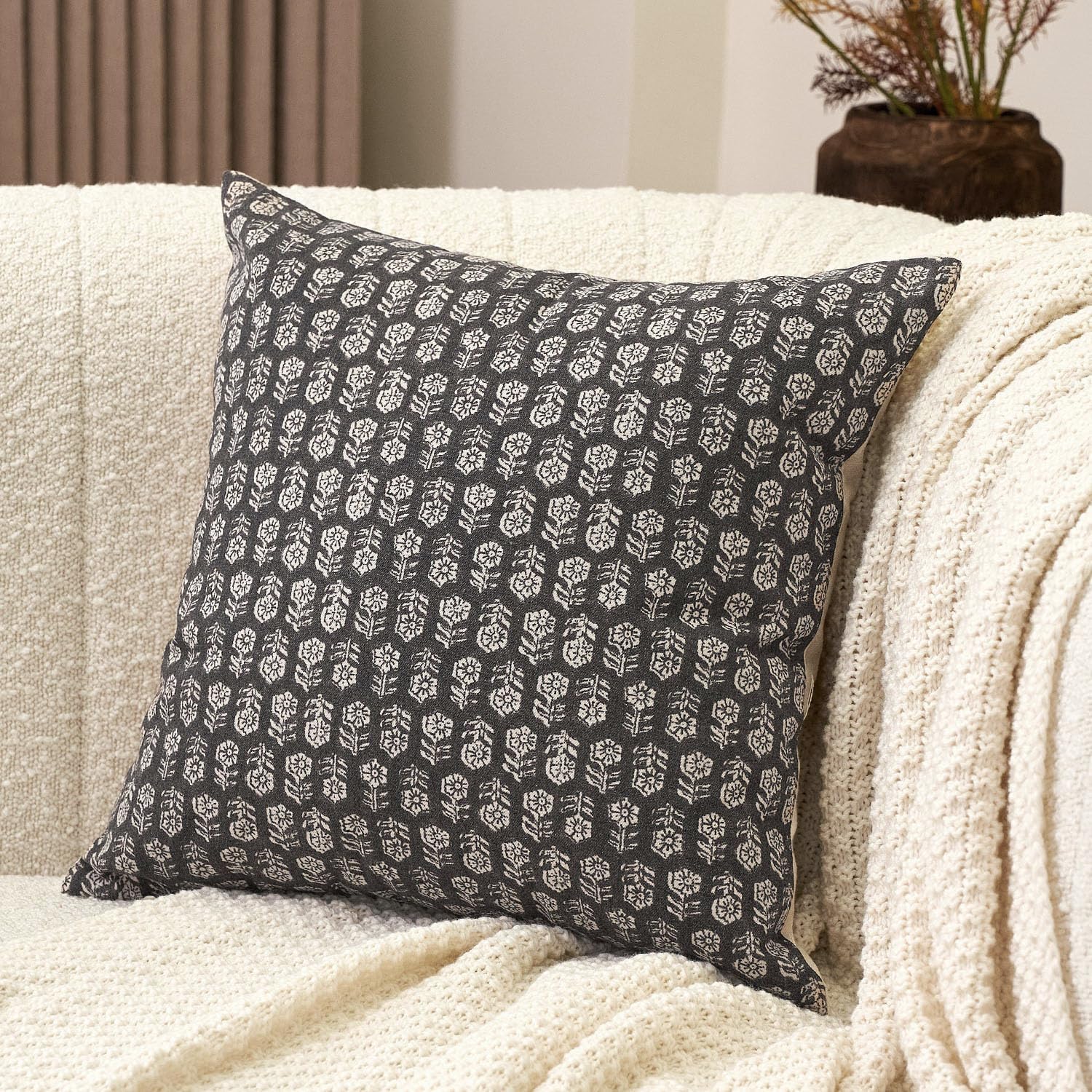 Amor Virisso Floral Pillow Covers 20x20 Farmhouse Neutral Decorative Pillow Covers for Couch Accent Sofa Pillows 1PC, Black Black 20" x 20" (Pack of 1)
