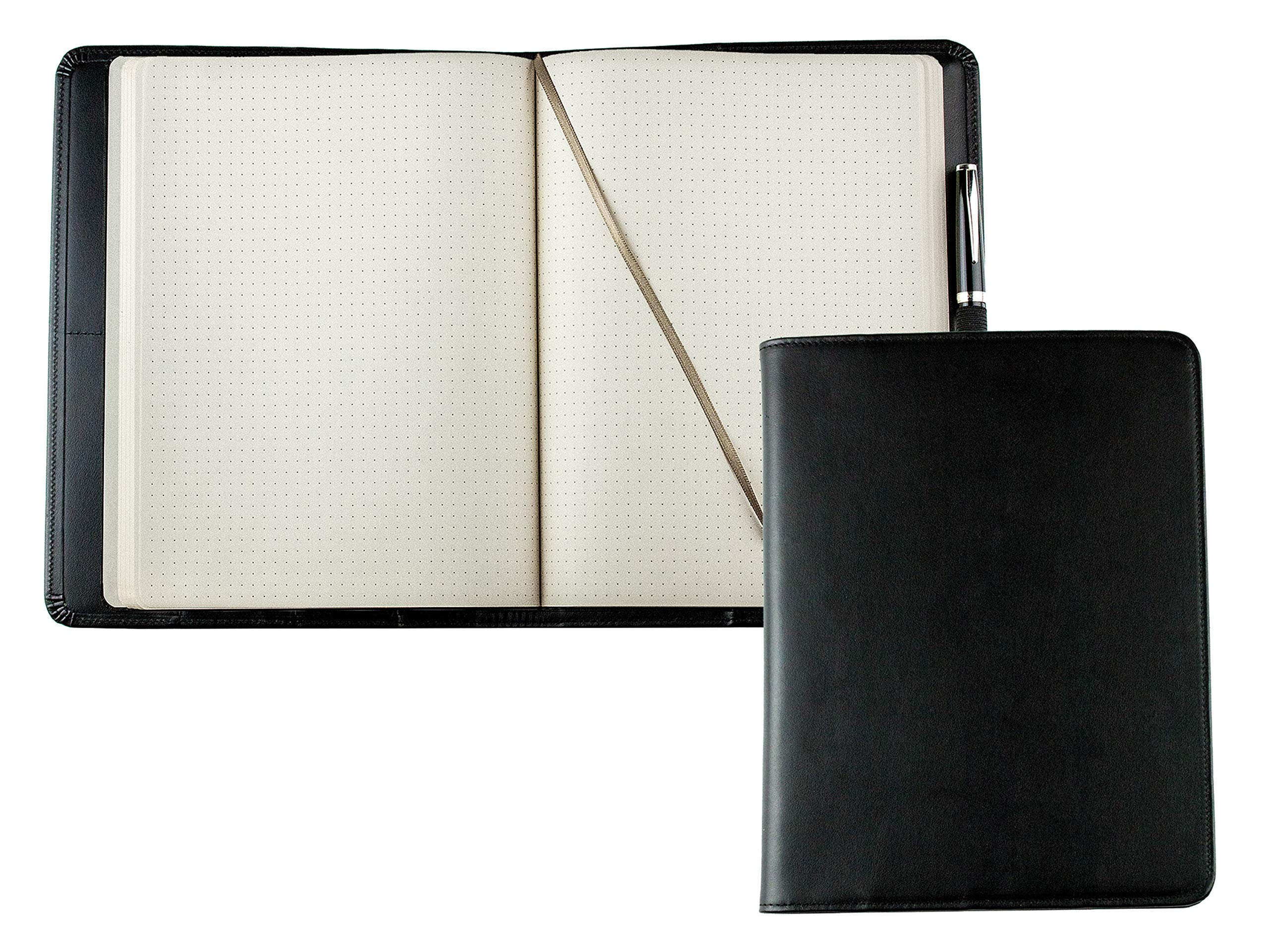DELMON VARONE - Personalisierbares Notizbuch-Etui ideal als Planer, Organizer DIN B5 Boxcalf Premium Leder schwarz - Punktiert im Hardcover Ledereinband mit Stiftschlaufe, Einschubfächer, Merkband