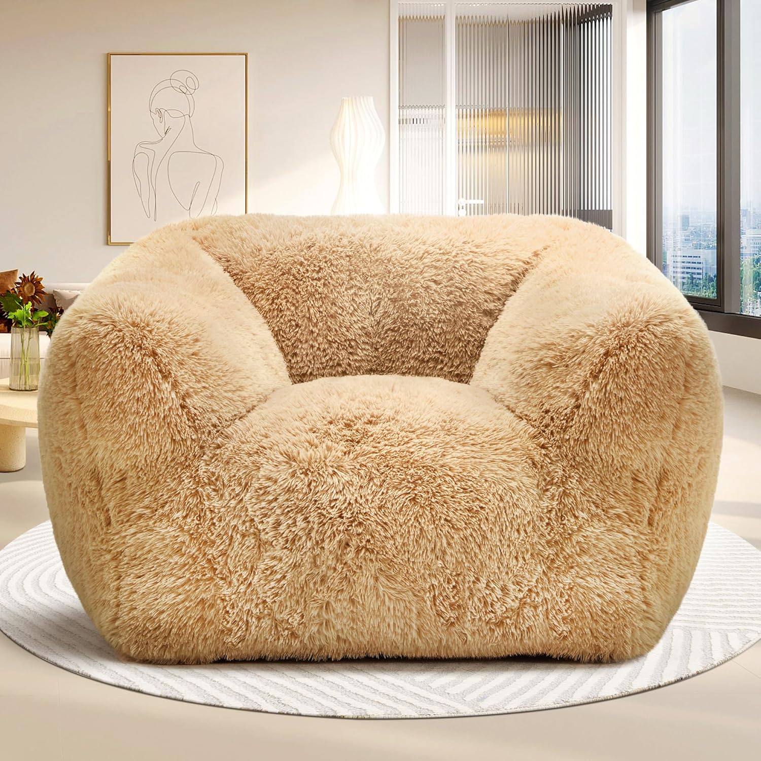 Homguava Giant Bean Bag Chair for Adults,Large Bean Bag Sofa with Armrests&Stuffed Memory Foam,Big BeanBags with Filler,Plush Bean Bag Couch Comfy Lazy Sofa for Bedroom,Living Room(Extra Large,Khaki)