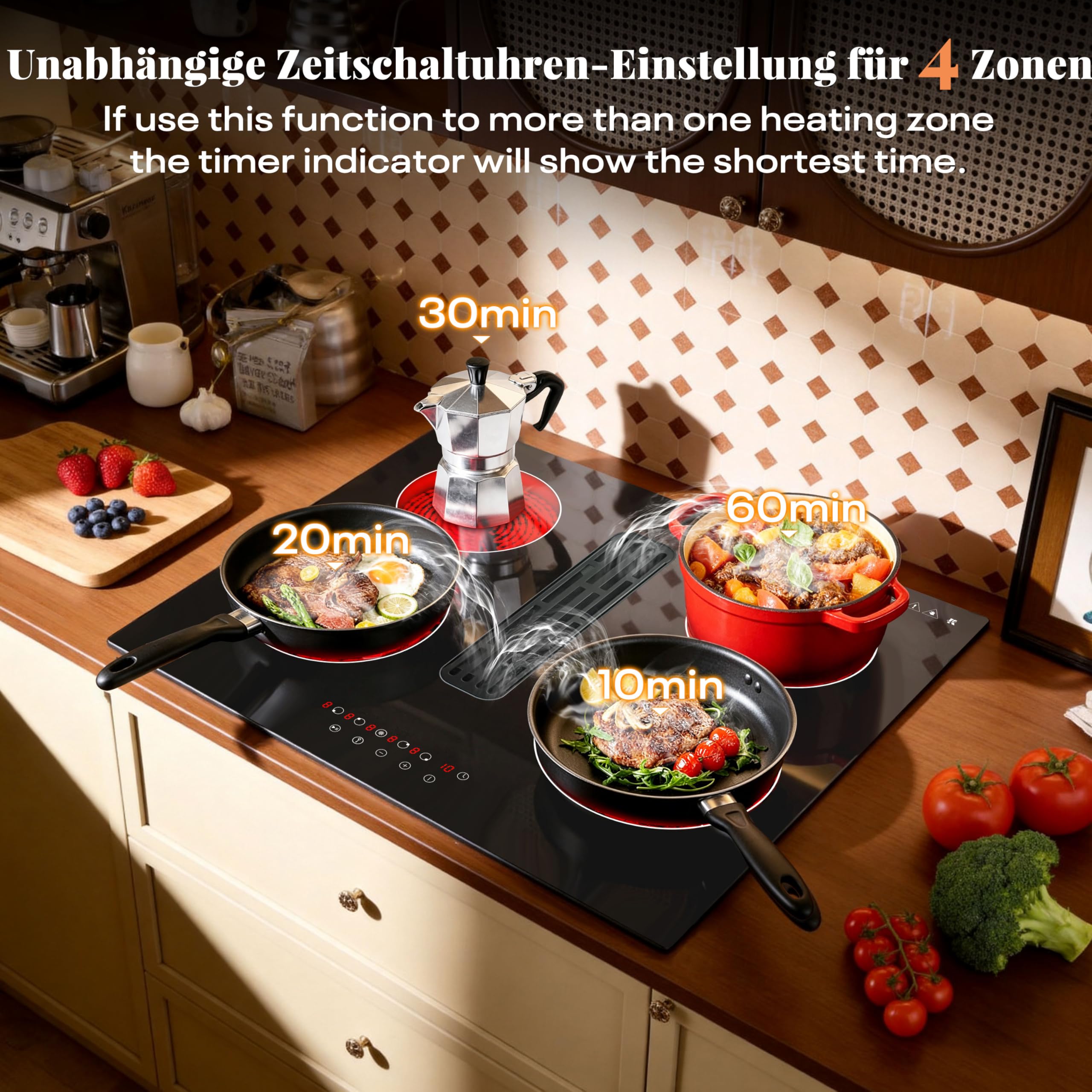 Karinear Kochfeld mit Dunstabzug 60 cm, 6000W, 4 Platten, Touch, Timer | 60 cm Kochfeld mit Dunstabzug, 6000W, Herdplatte 4 Kochfelder, Integrierter Abzug, Touch-Steuerung, Timer und Pause-Funktion.