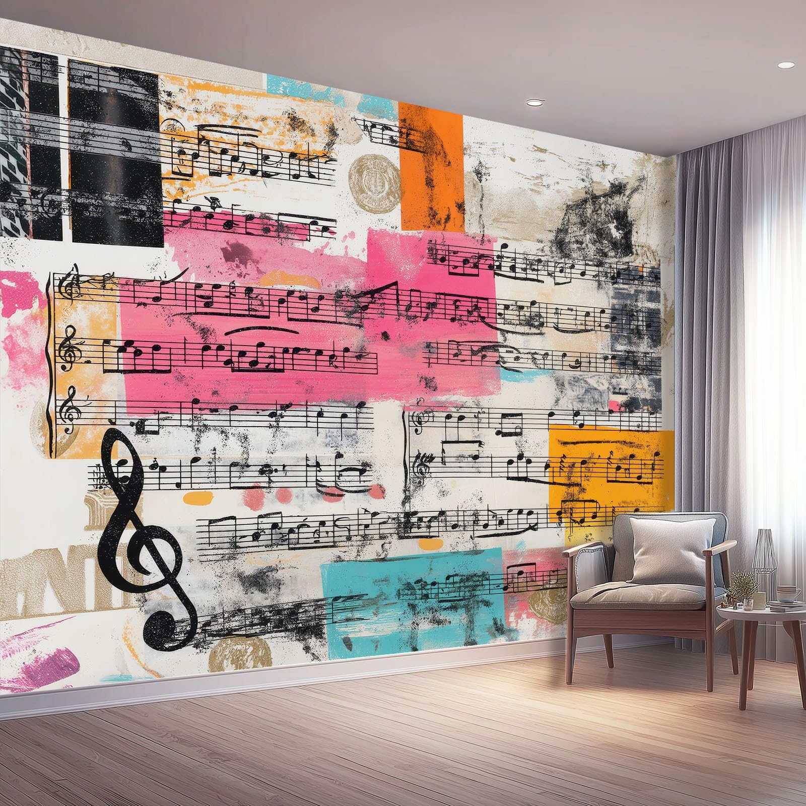 Retro Modern Non-Woven Mural Wallpaper, Multicolor Removable Mural Paper, Musical Notes Staff Pattern Waterproof Wallpaper for Living Room Bedroom Hallway Office Wall Decoration, 150 x 105 cm