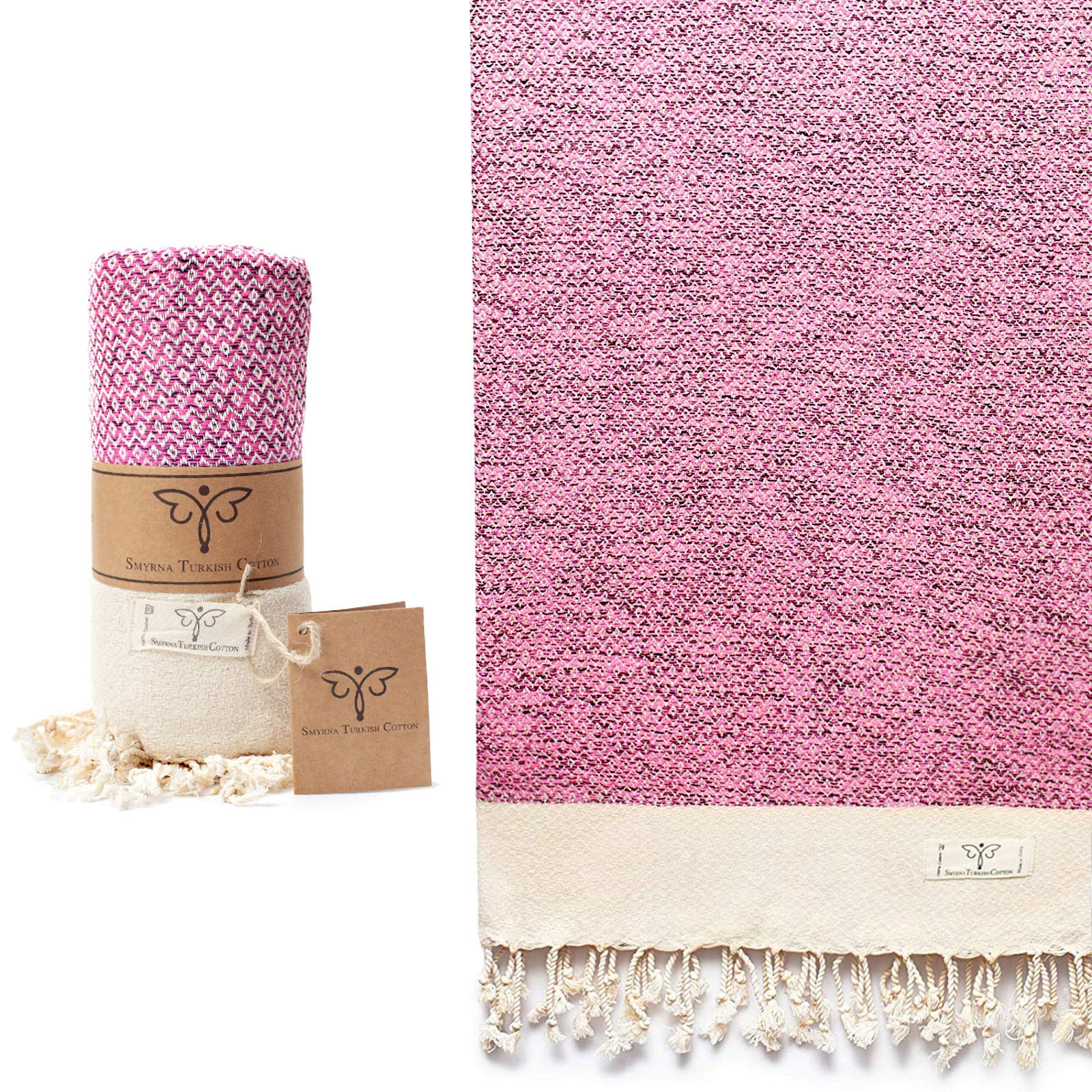 SMYRNA TURKISH COTTONVintage Series Turkish Beach Towel Oversized, 37x71 inch, Extra Large Quick Dry Sand Free Beach Blanket, Lightweight Cotton Pool, Spa, Travel, Gym, Adult Bath Towel, Fuchsia