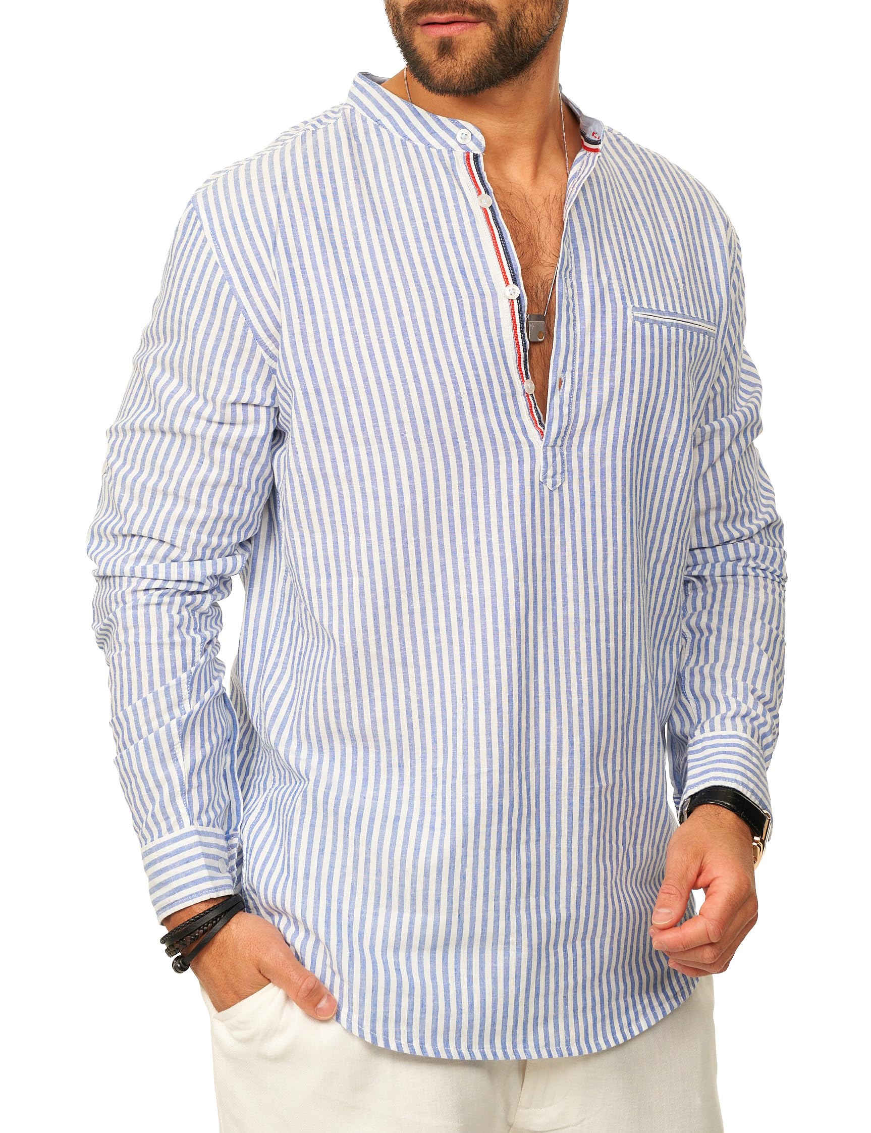 behype. Herren Leinenhemd als Langarmhemd Gestreift - Freizeithemd im Regular-Fit mit Henley Stehkragen Sommerhemd - Strandhemd im Sommer-Look für Männer