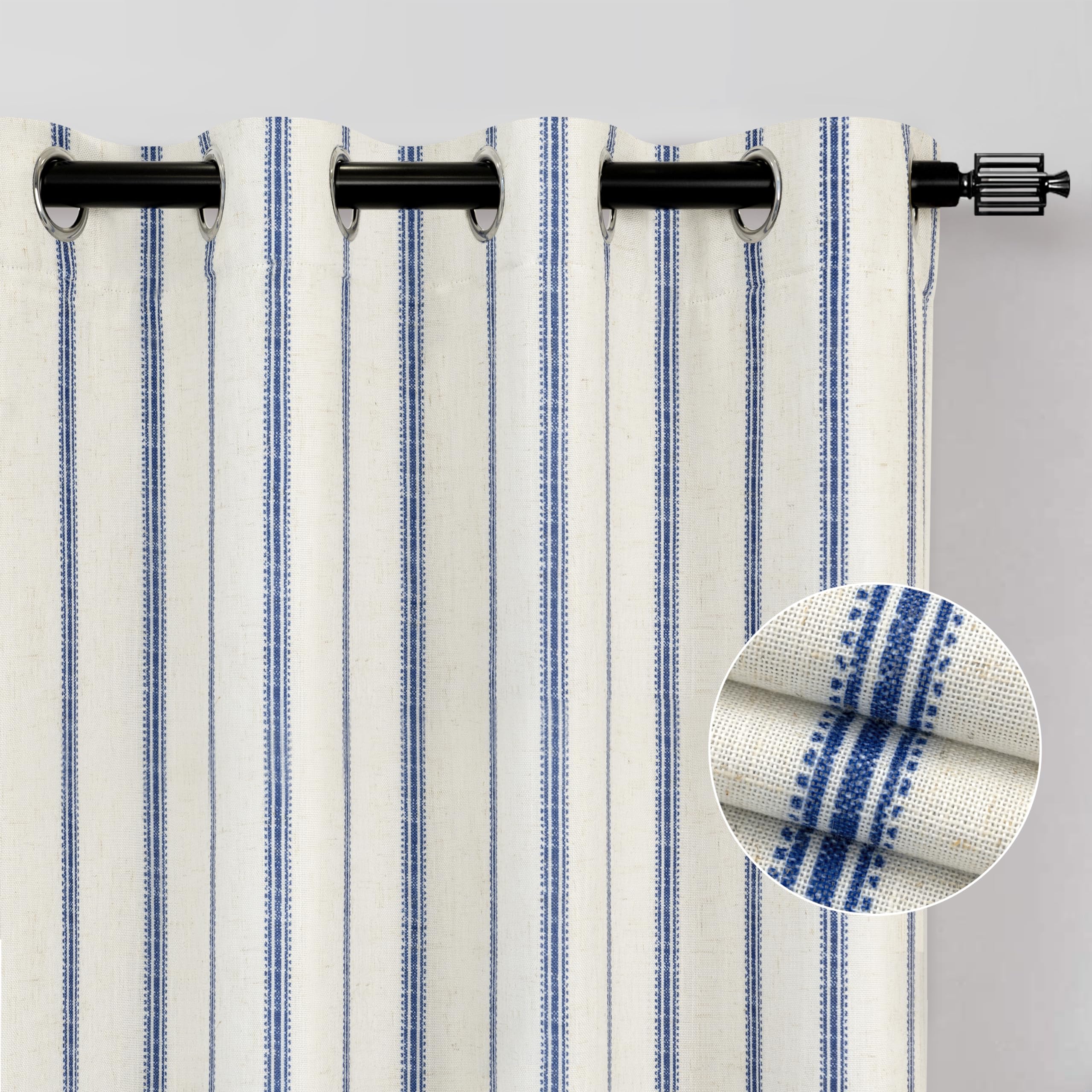 DriftAway Farmhouse Linen Blend Blackout Curtains 96 Inches Long for Bedroom Vertical Striped Printed Linen Curtains Thermal Insulated Grommet Lined Treatments for Living Room 2 Panels W52 x L96 Navy