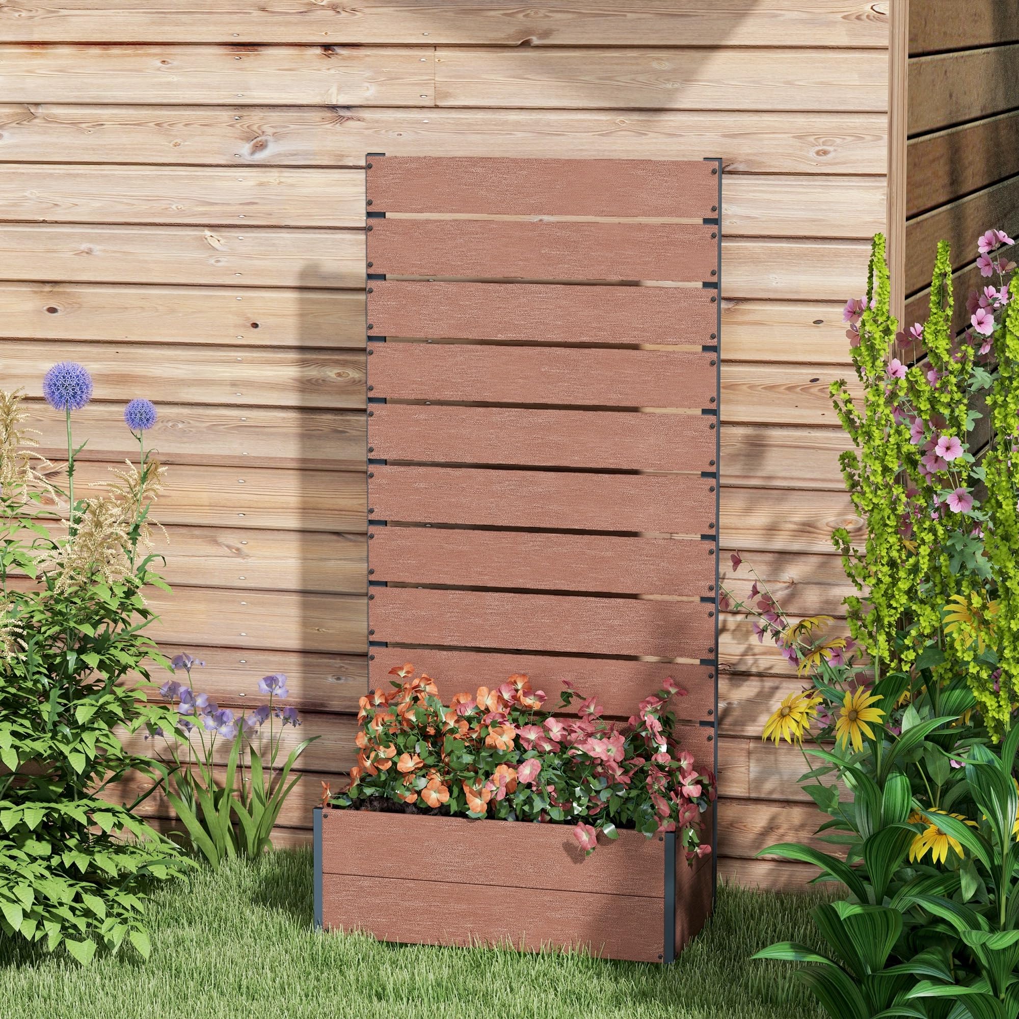 Outsunny Jardinière avec Treillis, lit surélevé de Jardin, jardinière extérieure pour Plantes grimpantes, bac à Fleurs rectangulaire Pot de Plantes pour Balcon terrasse, 72x38x150 cm, Marron Clair