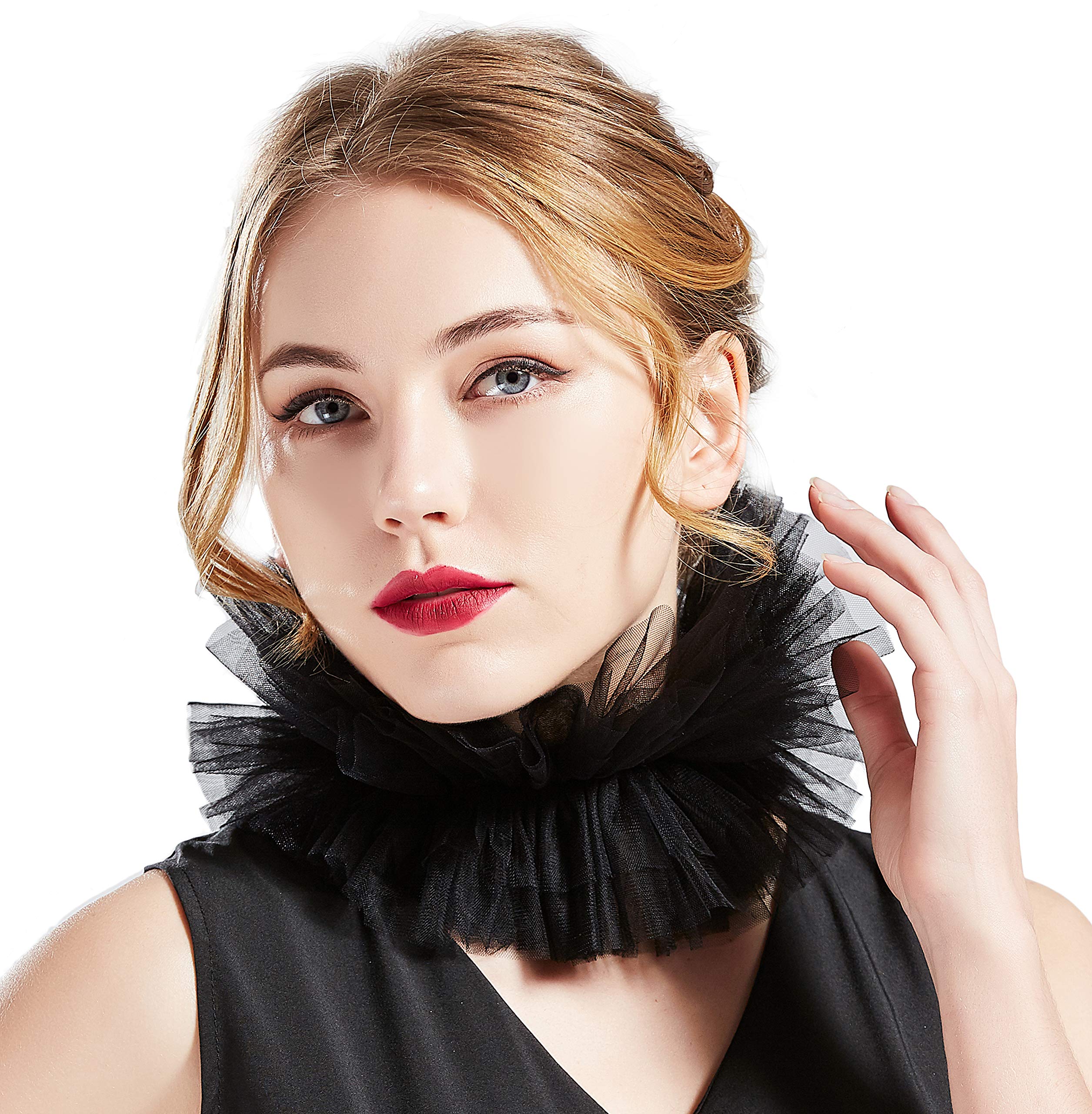 BABEYONDRenaissance Tulle Ruffled Neck Collar Retro Mesh Neck Ruff for Costume Party (Black)