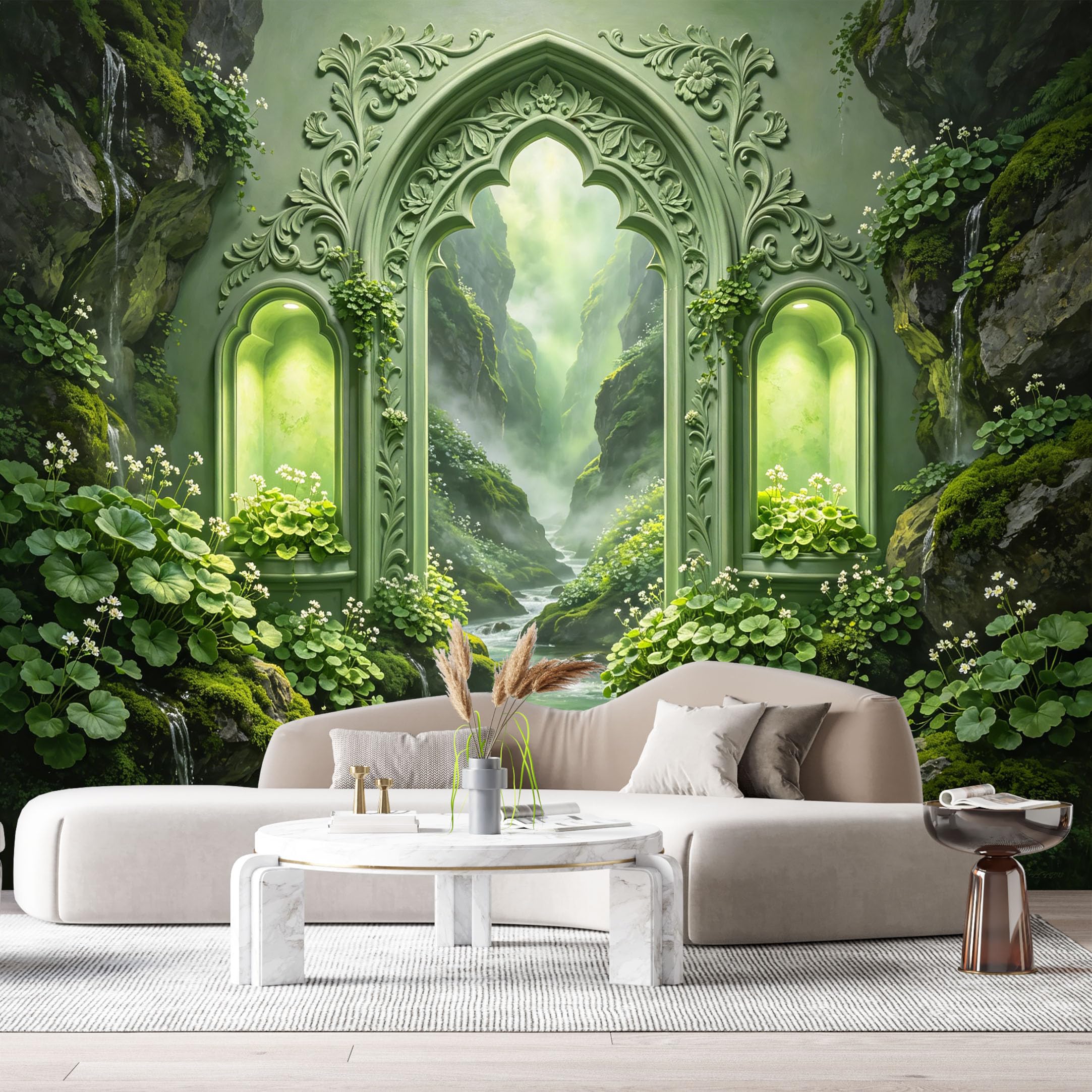 Custom Size Wall Murals Gothic Enchanted Grotto Landscape Emerald Green 3D Trompe L'Oeil SelfAdhesiveWall Fabric Removable Wallpaper Wall Decor for Living Room Bedroom Bathroom