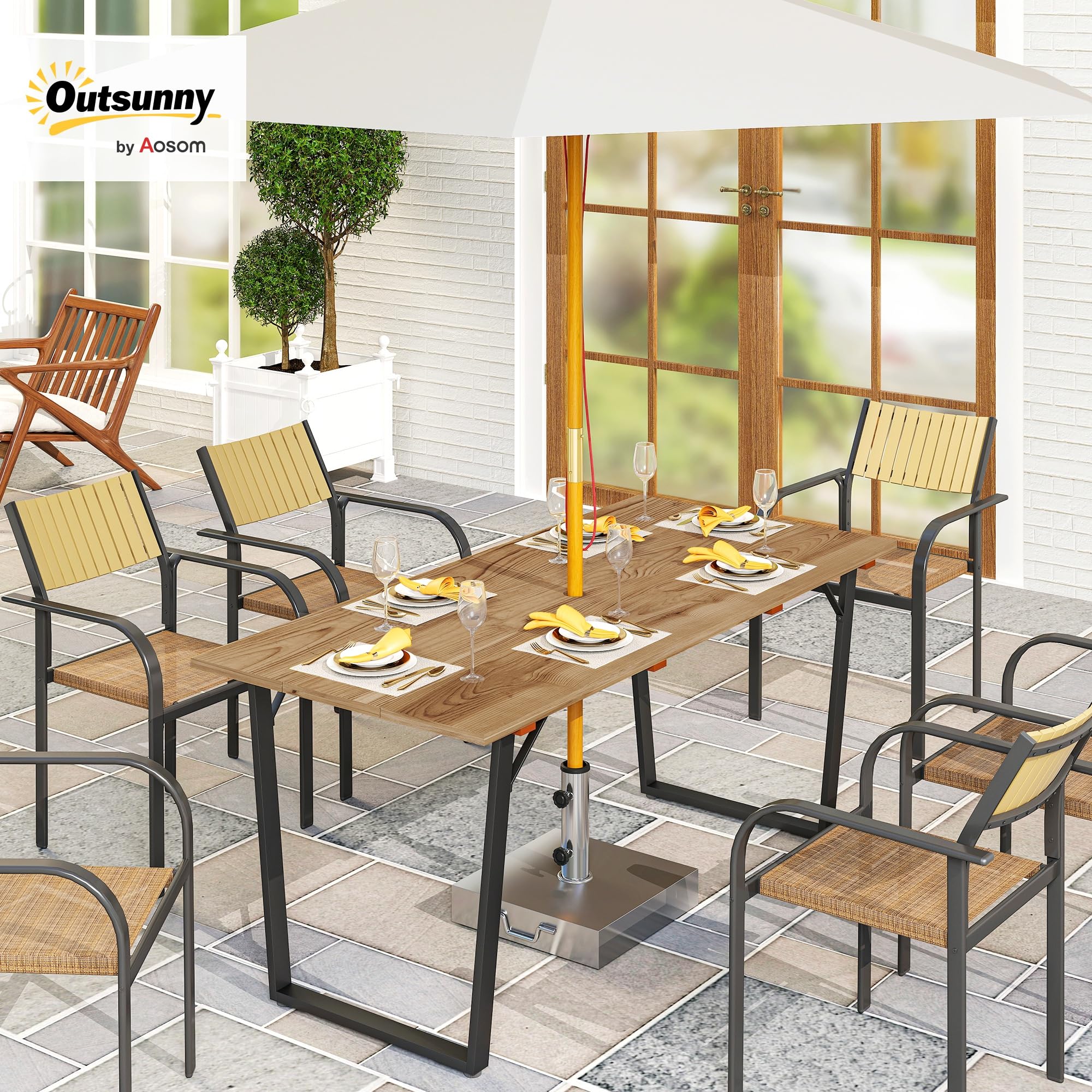 Outsunny Tavolo da Giardino per 6 Persone con Foro per Ombrellone, Tavola da Pranzo Rettangolare in Legno e Acciaio, Per Patio, Terrazzo, Balcone ed Esterno, 175x80x75 cm, Marrone