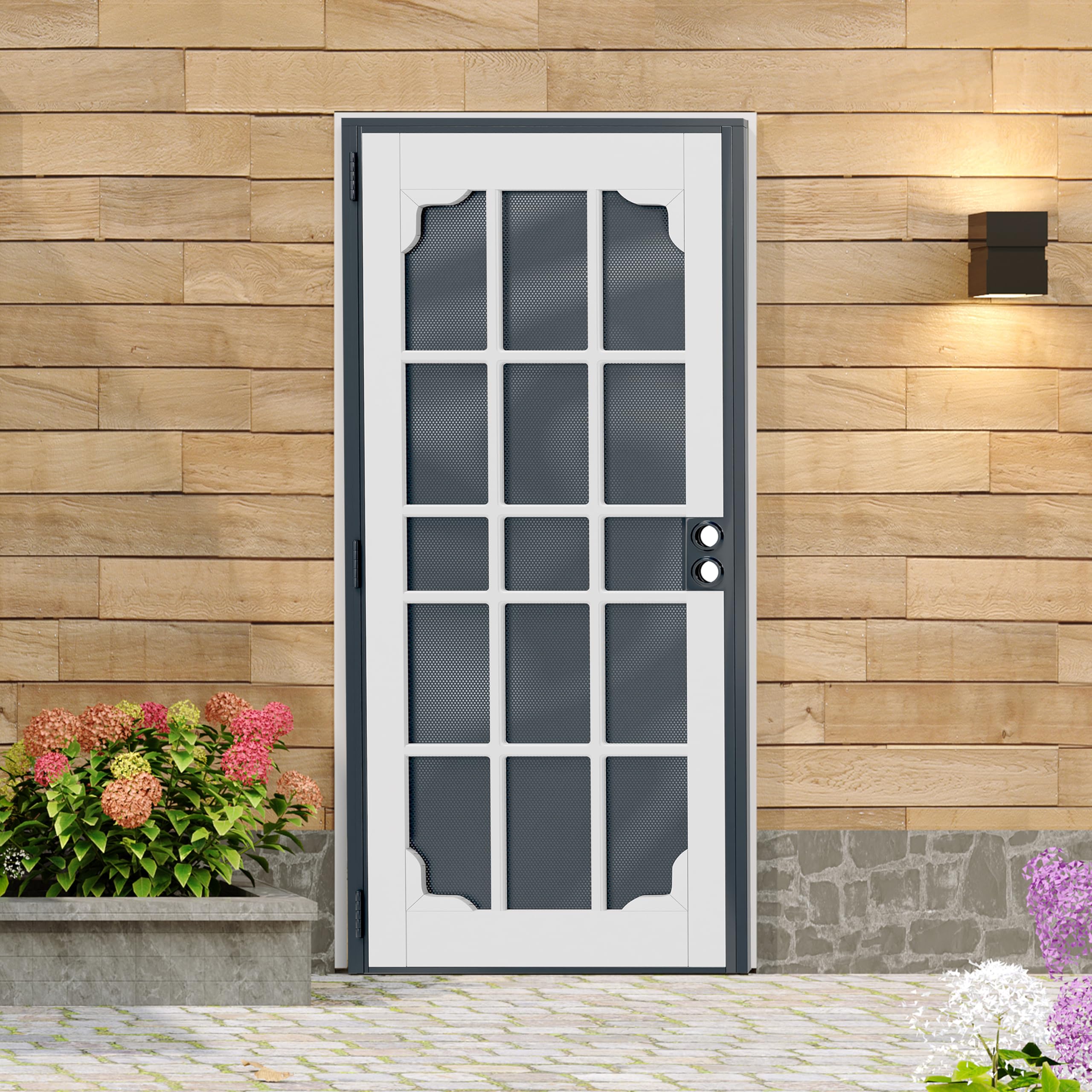 Photo 1 of Lakenyon Steel Security Door, 32" x 80" Screen-Style Exterior Door, Electrophoretic E-Coated Steel & White Pine Wood Construction, Non-Handed, Bronze
