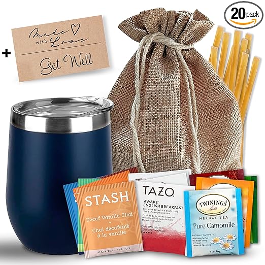 Bellina Tea Gift Baskets for Women and Men - Get Well Care Package - Insulated Cup, 20 Premium Teas, 10 Honey Straws, Gift Tag & Bag