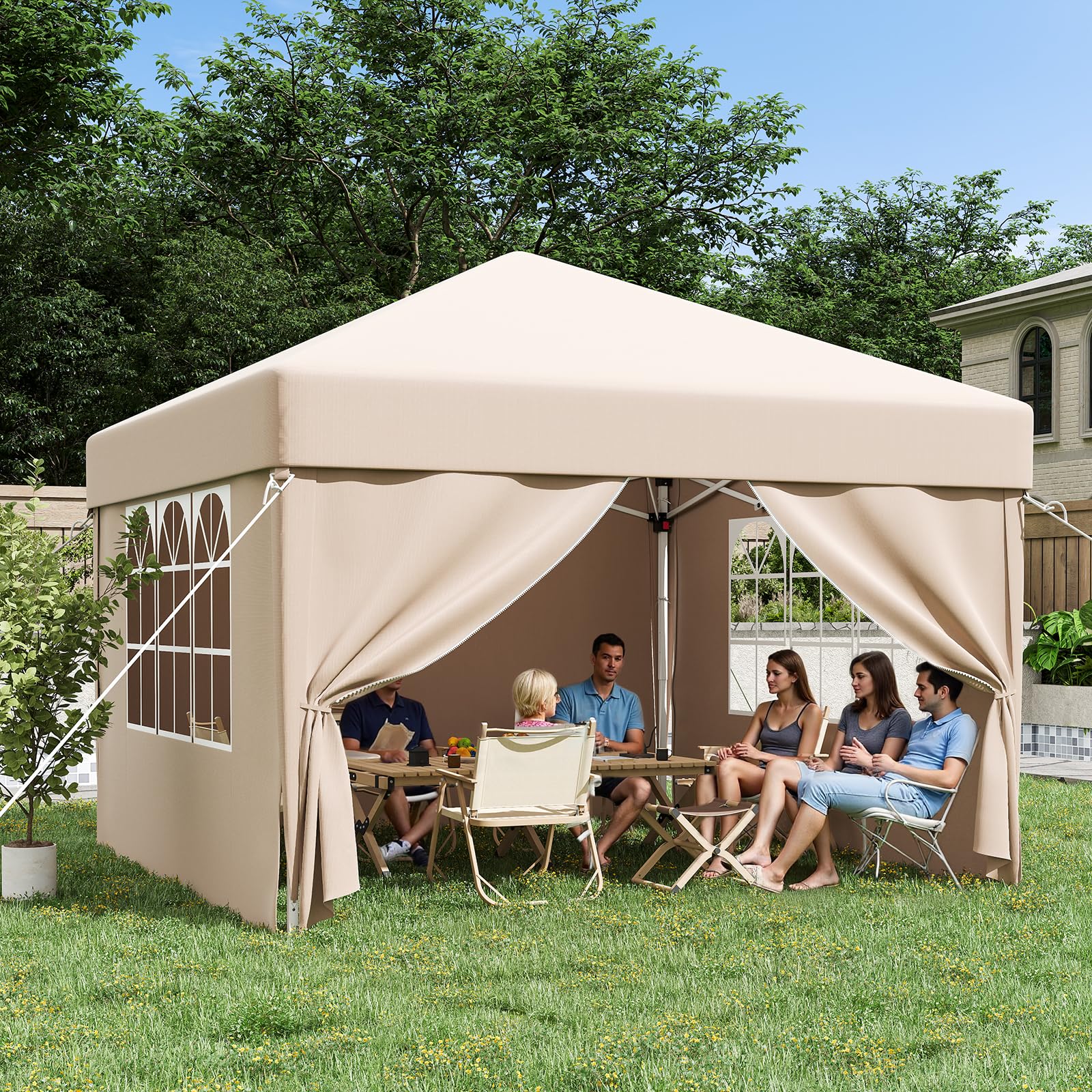 JUMMICO Gazebo 3x3 Pieghevole Impermeabile con 4 Parti Laterali，Gazebo Pieghevole Regolabile in Altezza,Gazebo da Giardino Protezione UV 50+,Gazzebo Da Giardino Campeggio Esterno Piscina Fiere,Beige
