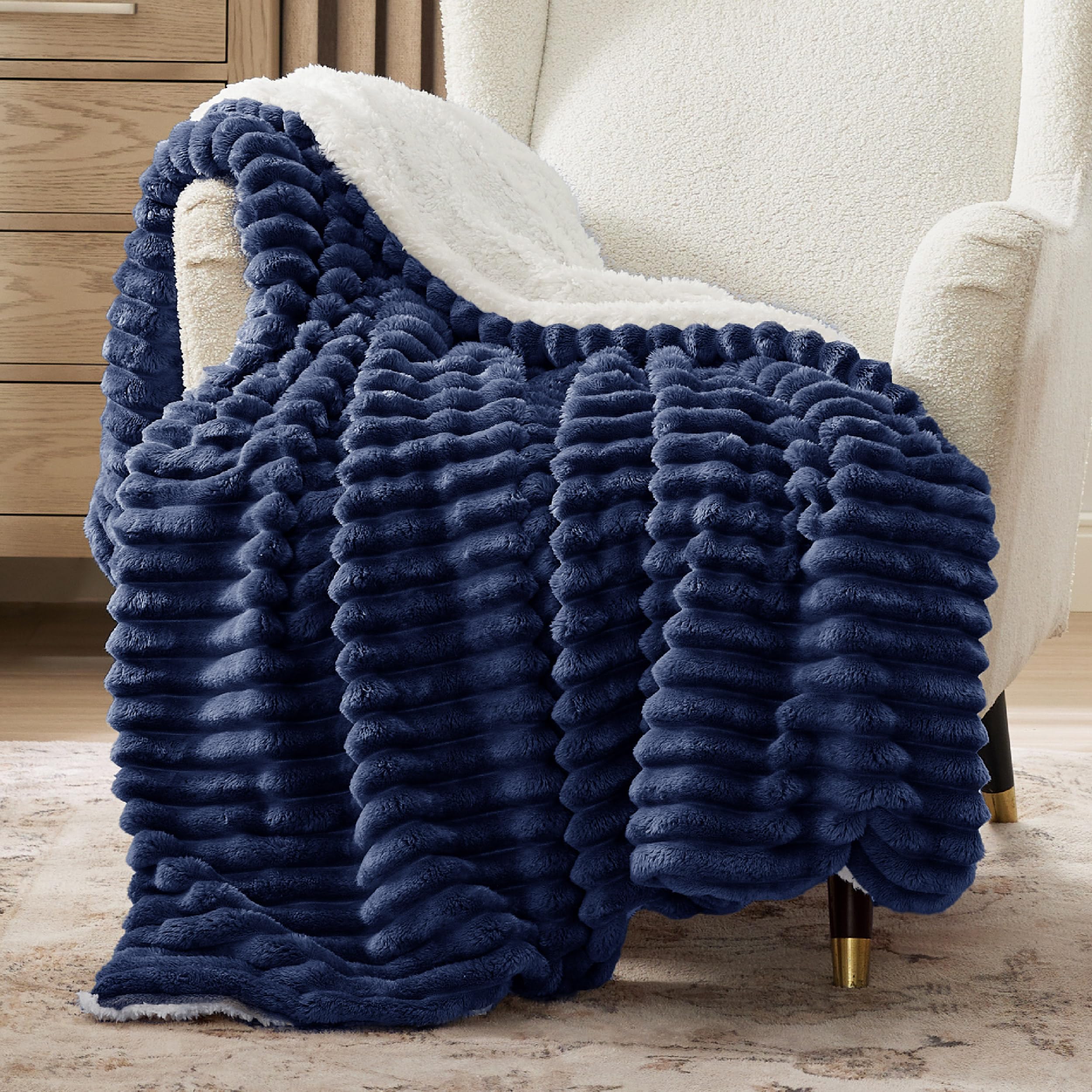 Amazon.com: Bedsure Soft Sherpa Blanket Fluffy Throw Navy Blue 50