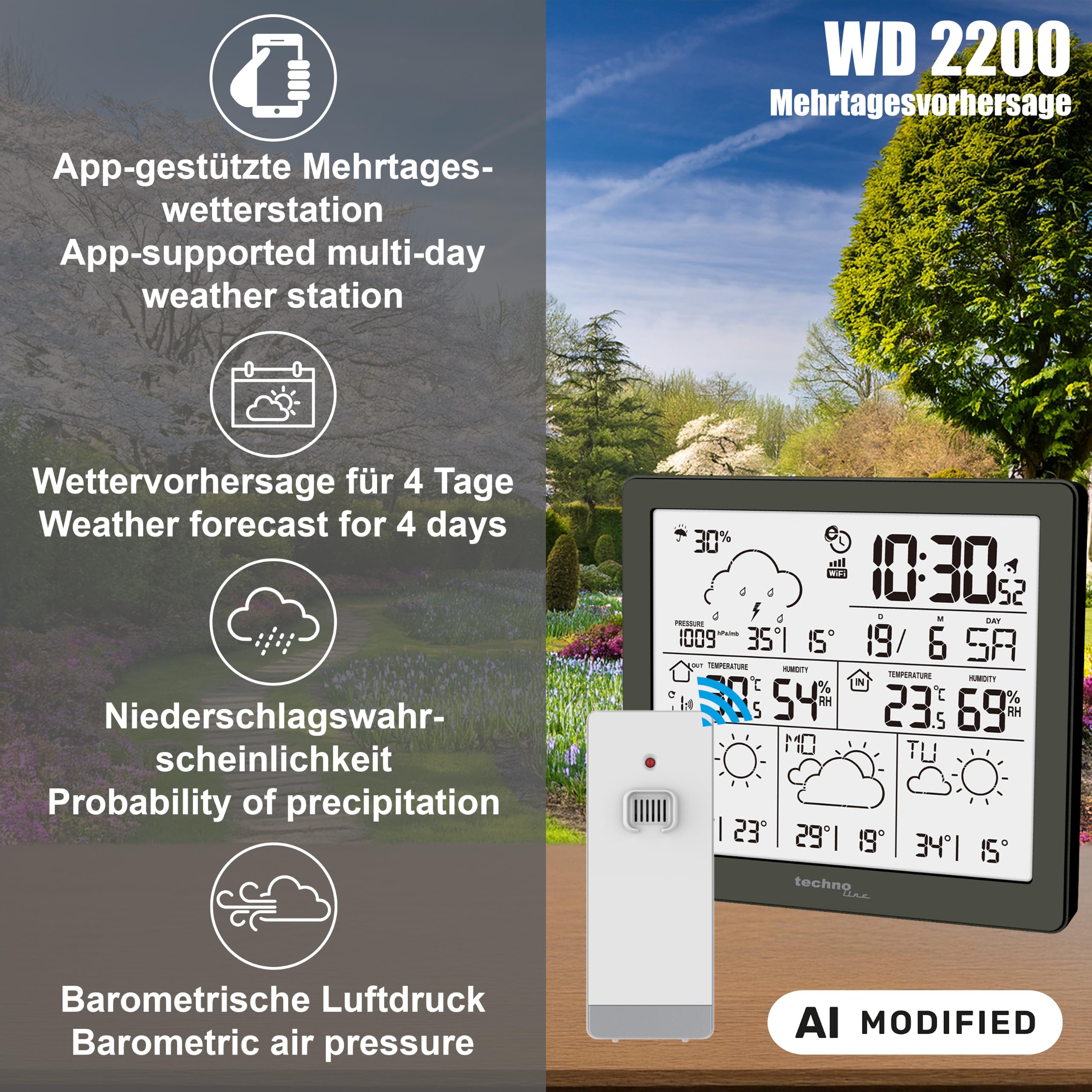 WD2200 - Stazione meteo con 3 giorni previsioni meteo, incluso trasmettitore esterno, dati sulla stazione e sul cellulare (app direct weather)