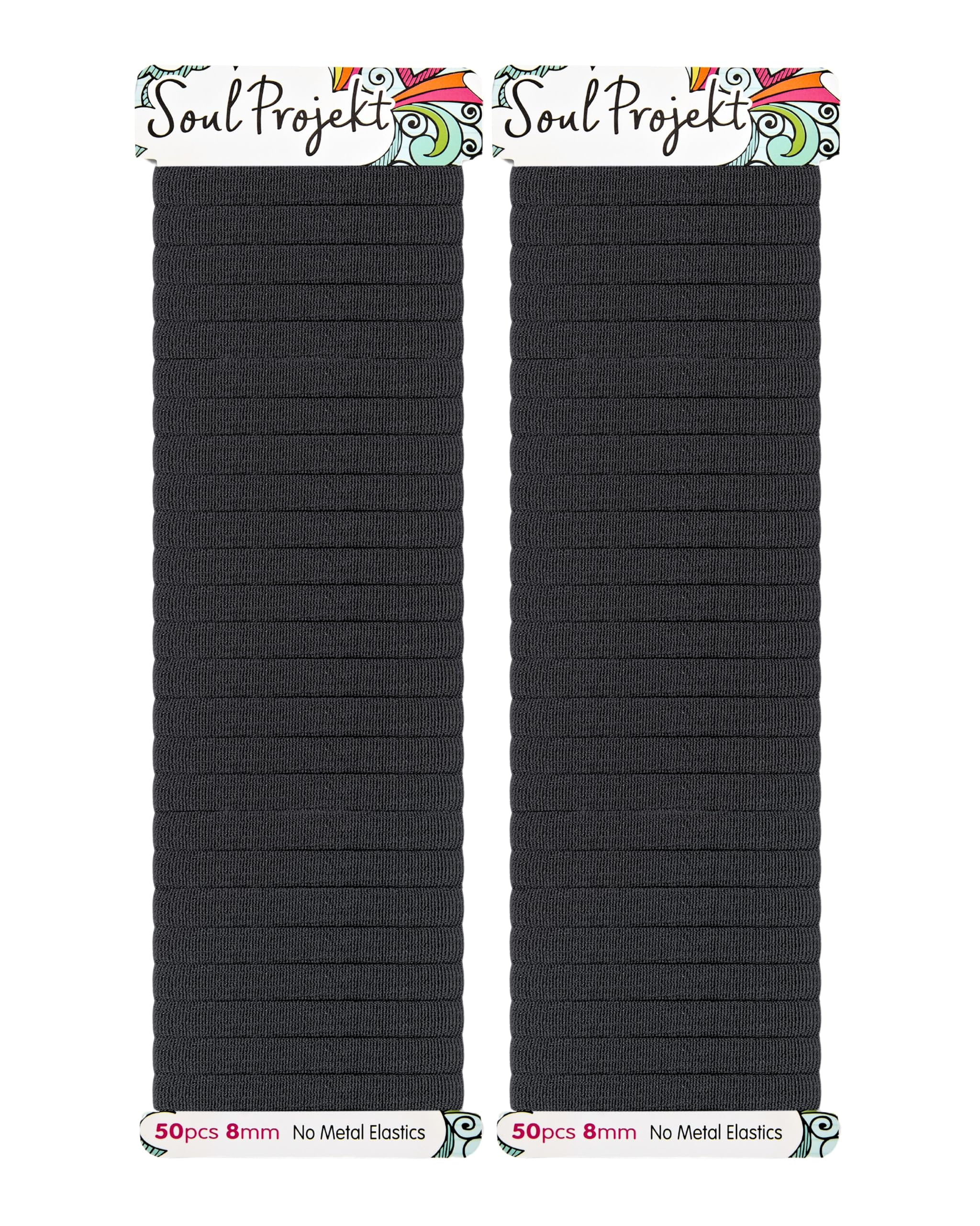 Soul Projekt Gomas Gruesas Negras Para el Pelo, de Tela, Pack de 50; 8mm, Gomas Para el Pelo Mujer y Hombre, Coleteros de Pelo para Trenzas, Resistente Accesorio, Sin Tirones, Coletas Perfectas