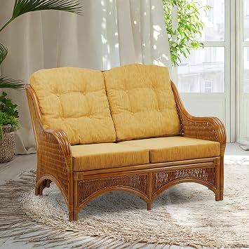 Jam Design Handmade Rattan Wicker Lounge Loveseat Sofa Couch with Light Brown Cushion, Colonial