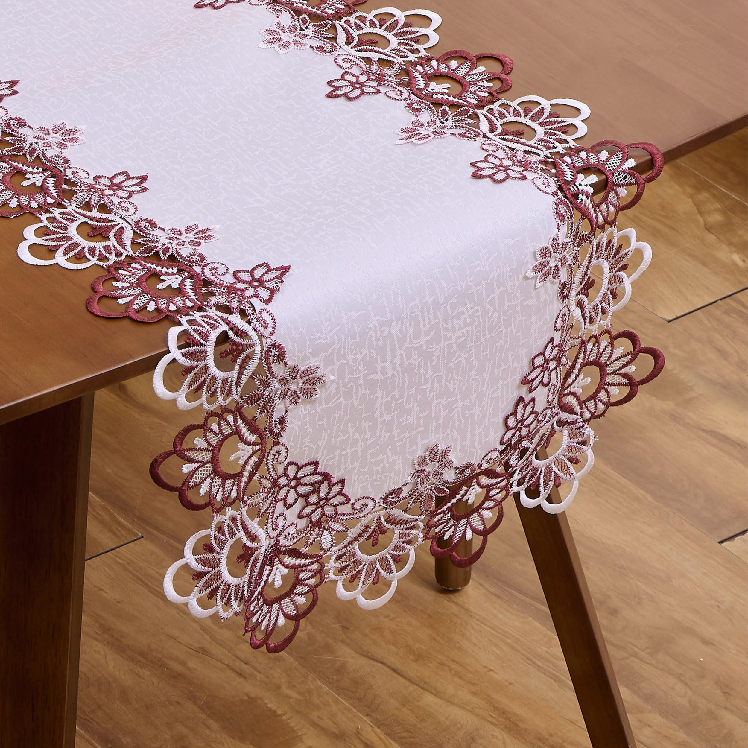 Raedan White Dark Red Jacquard Lace Table Runner 36 inches Long, Claret Dresser Scarf Table Topper for Kitchen Coffee Table Wedding Party Home Decor (
