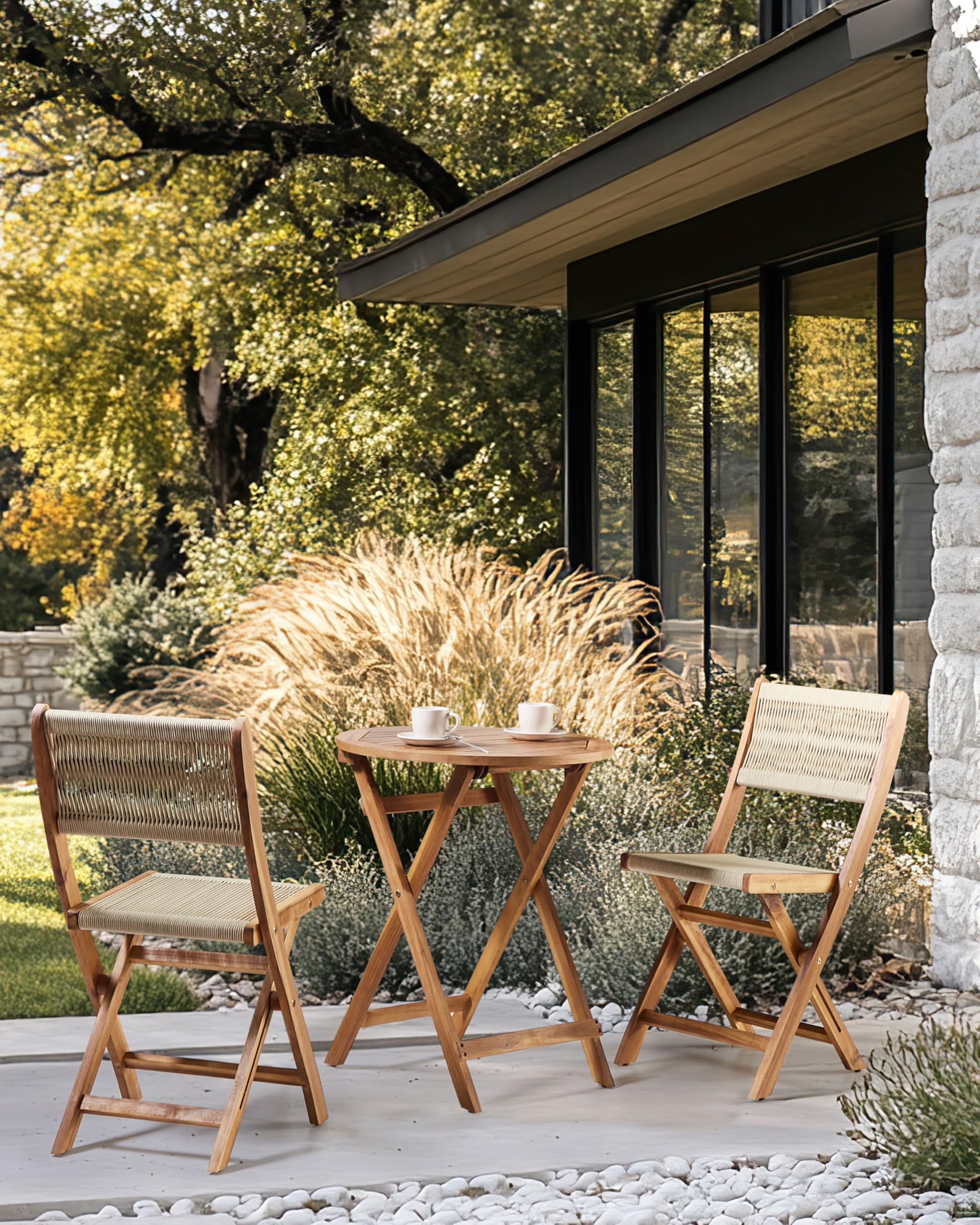 Gartenstühle 2er Set Akazienholz mit Seilgeflecht beige klappbar Prossedi