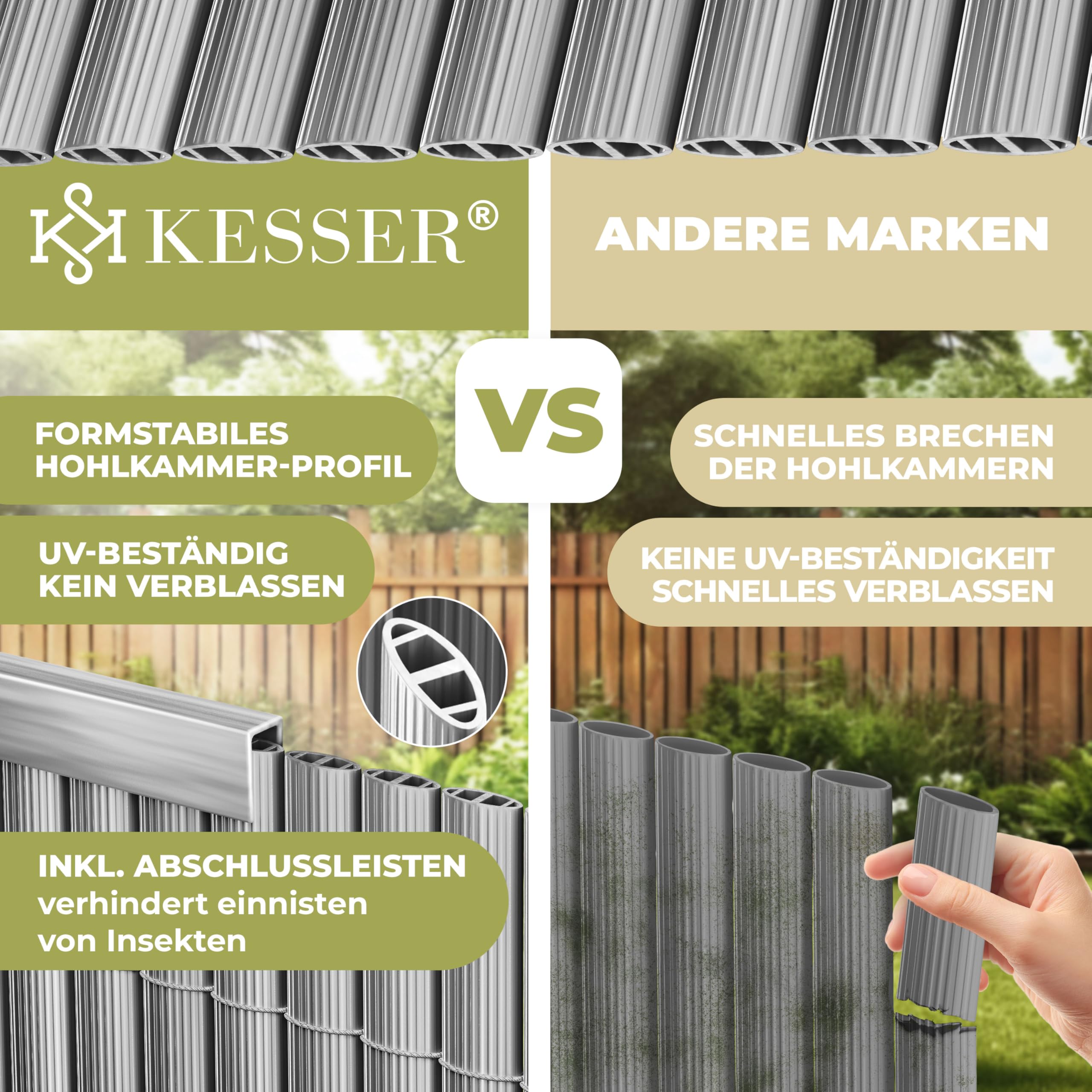 KESSER® Mata maskująca z PCW, ogrodzenie balkonowe, ochrona przed wiatrem, wzmocnione lamele, do ogrodu, na balkon i taras, obramowanie balkonu, wraz z opaskami kablowymi, osłona i rękawiczki