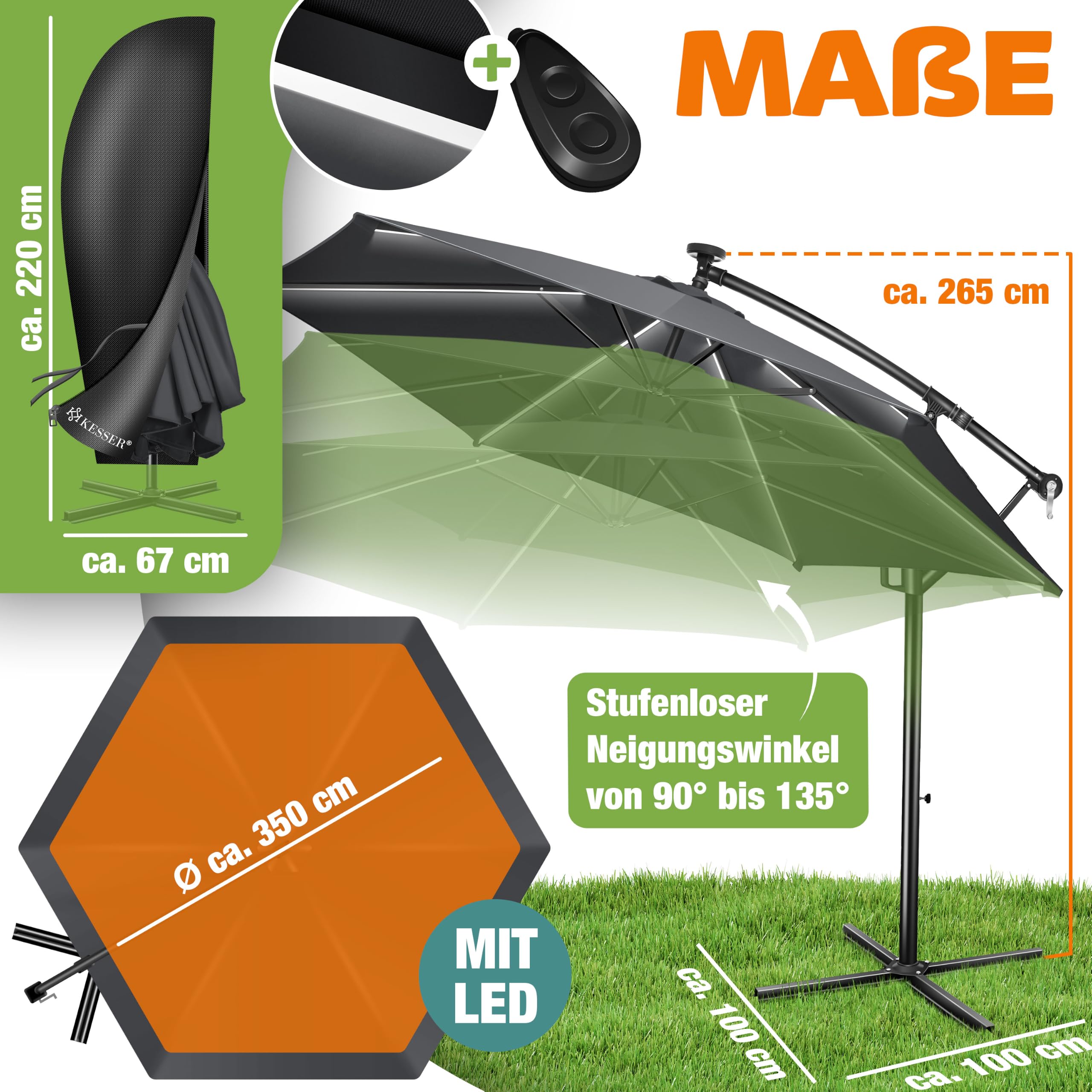 KESSER® Sonnenschirm Ø 350 cm, Ampelschirm mit Kurbel, für Balkon, Terrasse & Garten, Sonnenschutz, Gestell & Ständer aus Alu, UV-Schutz, wasserdicht + Windfest, 360° Funktion + Schutzhülle, Anthrazit