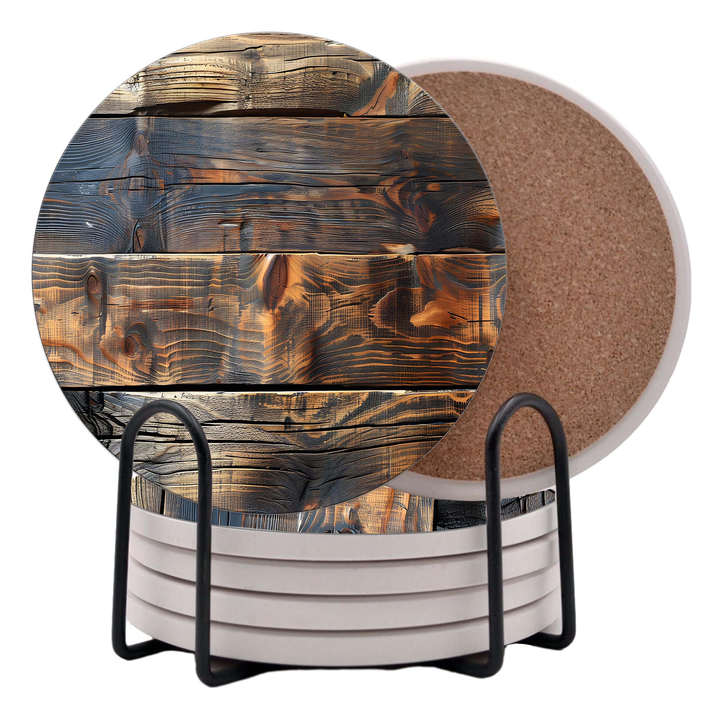 Juego de 6 posavasos redondos de grano de madera rústica marrón, posavasos de cerámica abosrbent con soporte de metal para bebidas, café, parte trasera de corcho antideslizante para protección de