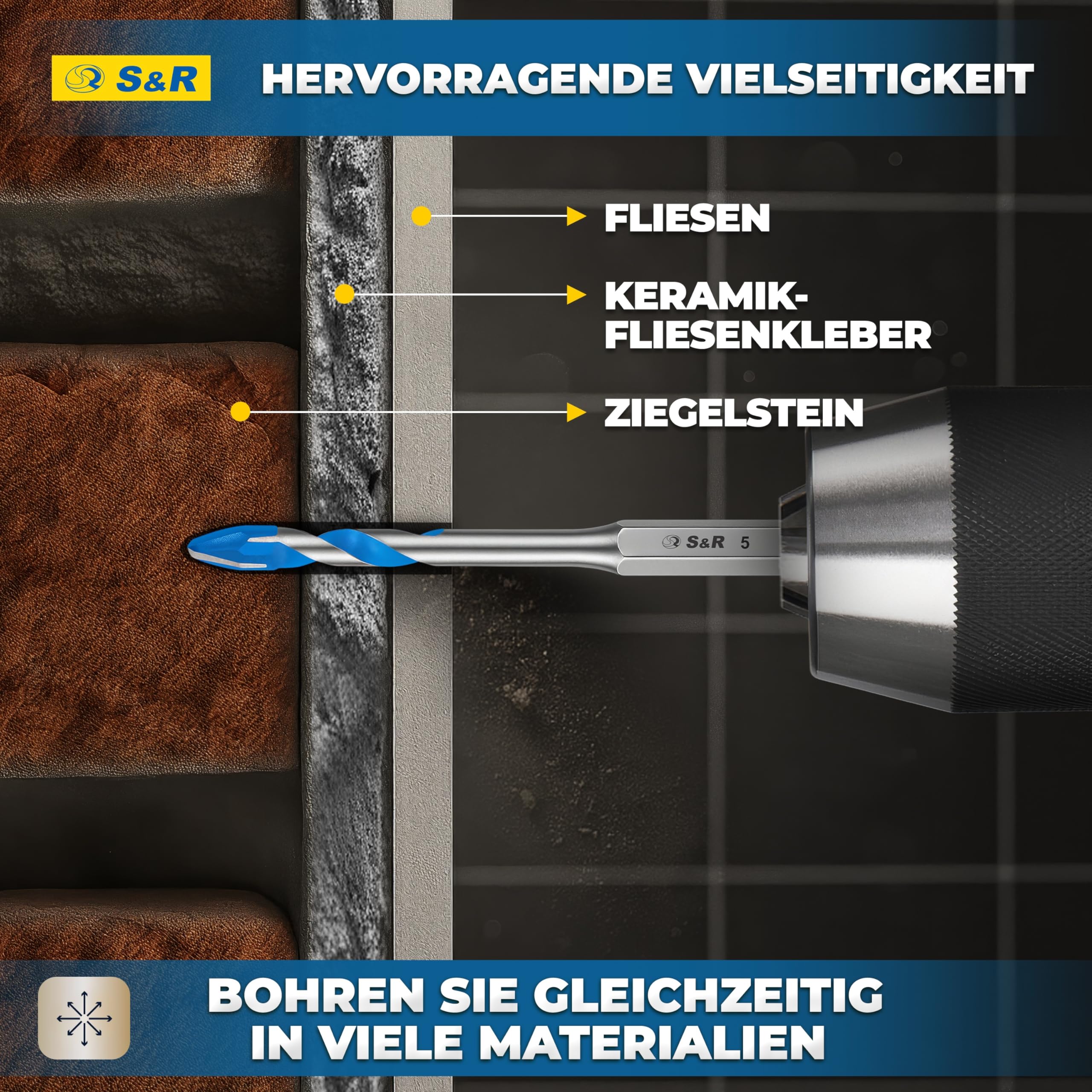 S&R Professional Keramikbohrer Set 5-tlg, Fliesenbohrer 4mm 5mm 6mm 8mm 10mm, für Feinsteinzeug, Keramik, Hartkeramik, Granit, Glas, Marmor, mit Sechskantschaft, Glasbohrer, Profi Fliesen Bohrer Set