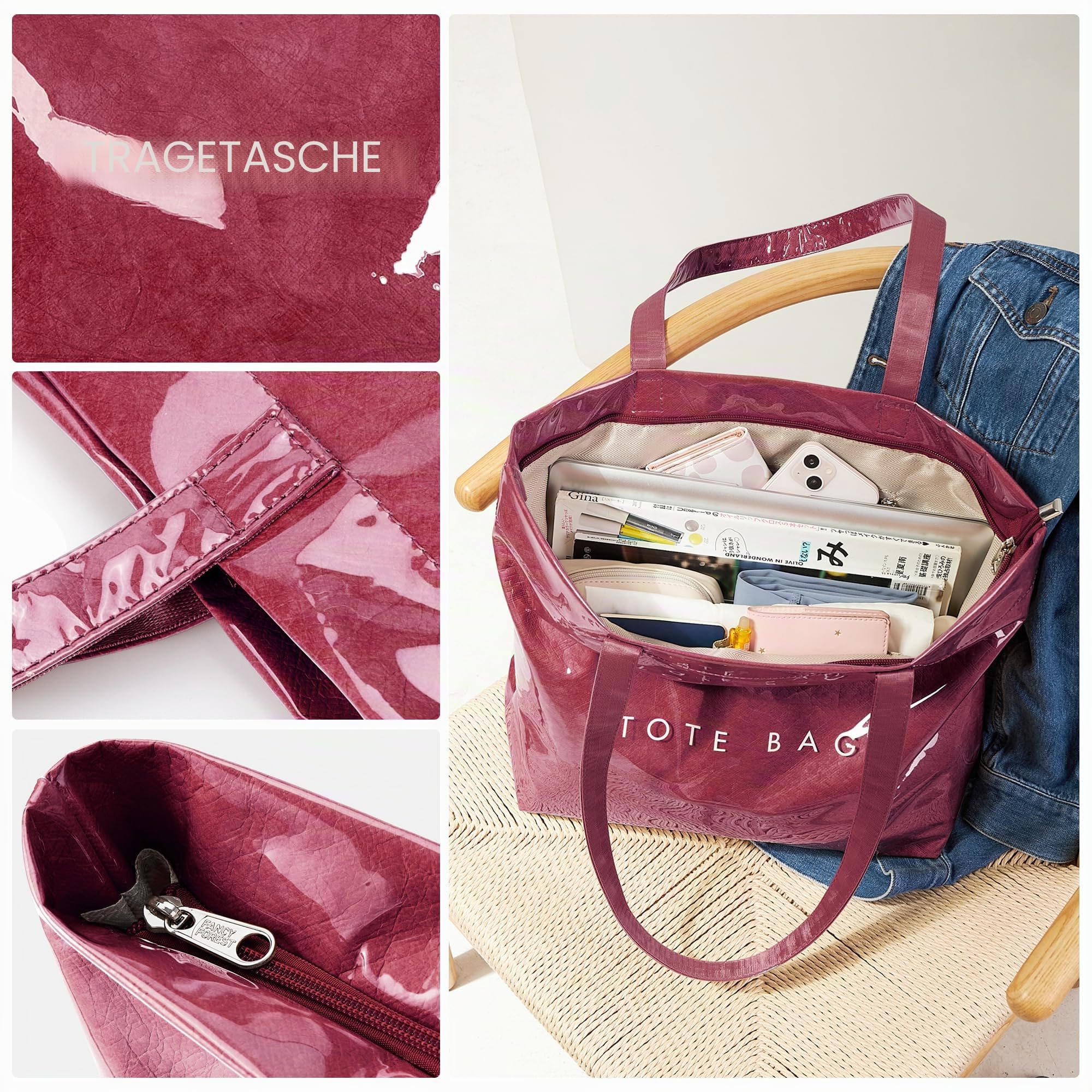 KALIDI Damen Shopper Tasche Transparent PVC Strandtasche Groß mit Reißverschluss Leicht Wasserabweisend Schultertasche für Sommer Strand Einkauf Arbeit Reise