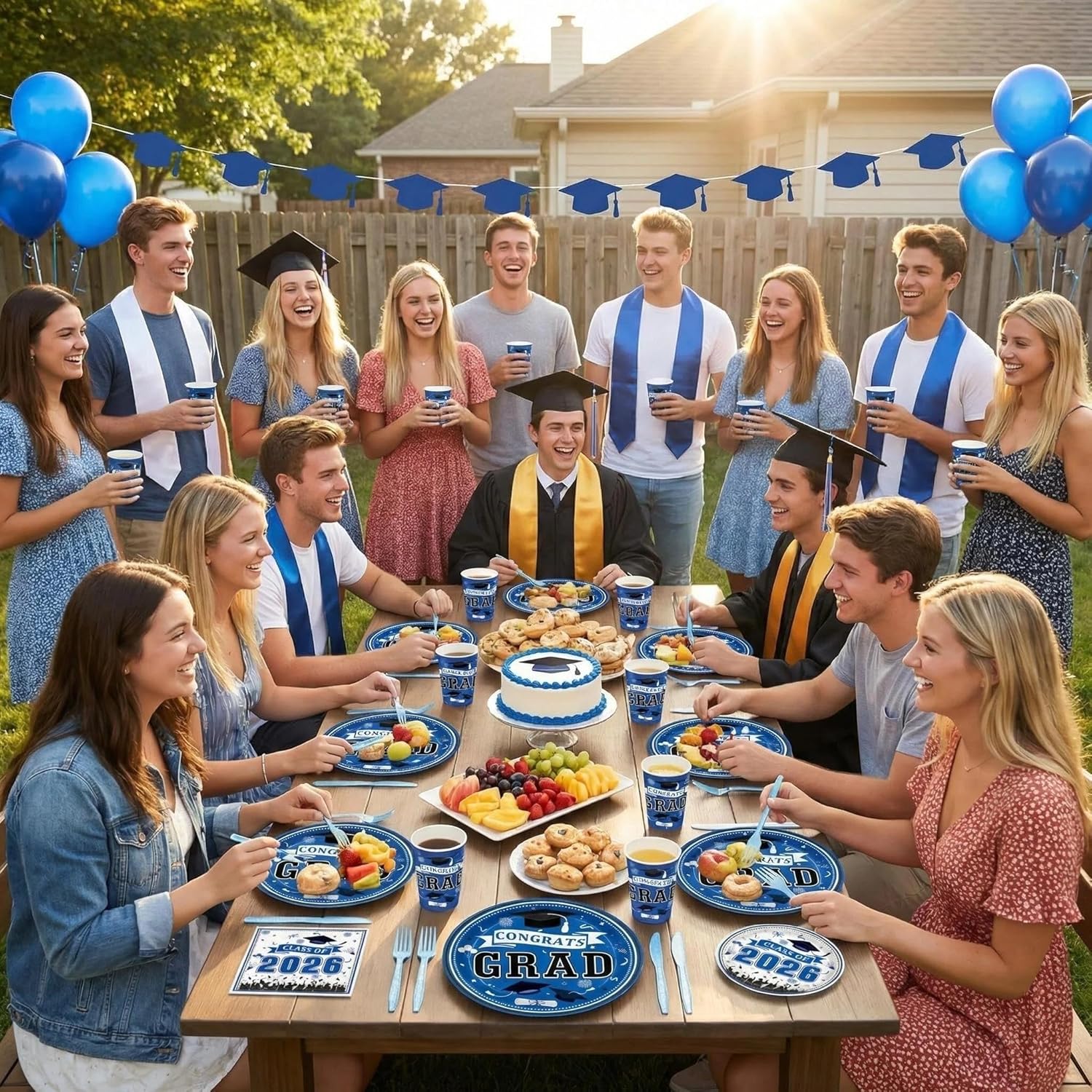 168 PCS Blue Graduation Disposable Party Supplies Serves 24, Blue Gold Disposable Tableware Set with Plates Cups Napkins Cutlery Straws, School Student Graduation Birthday Decorations for Boys & Girls