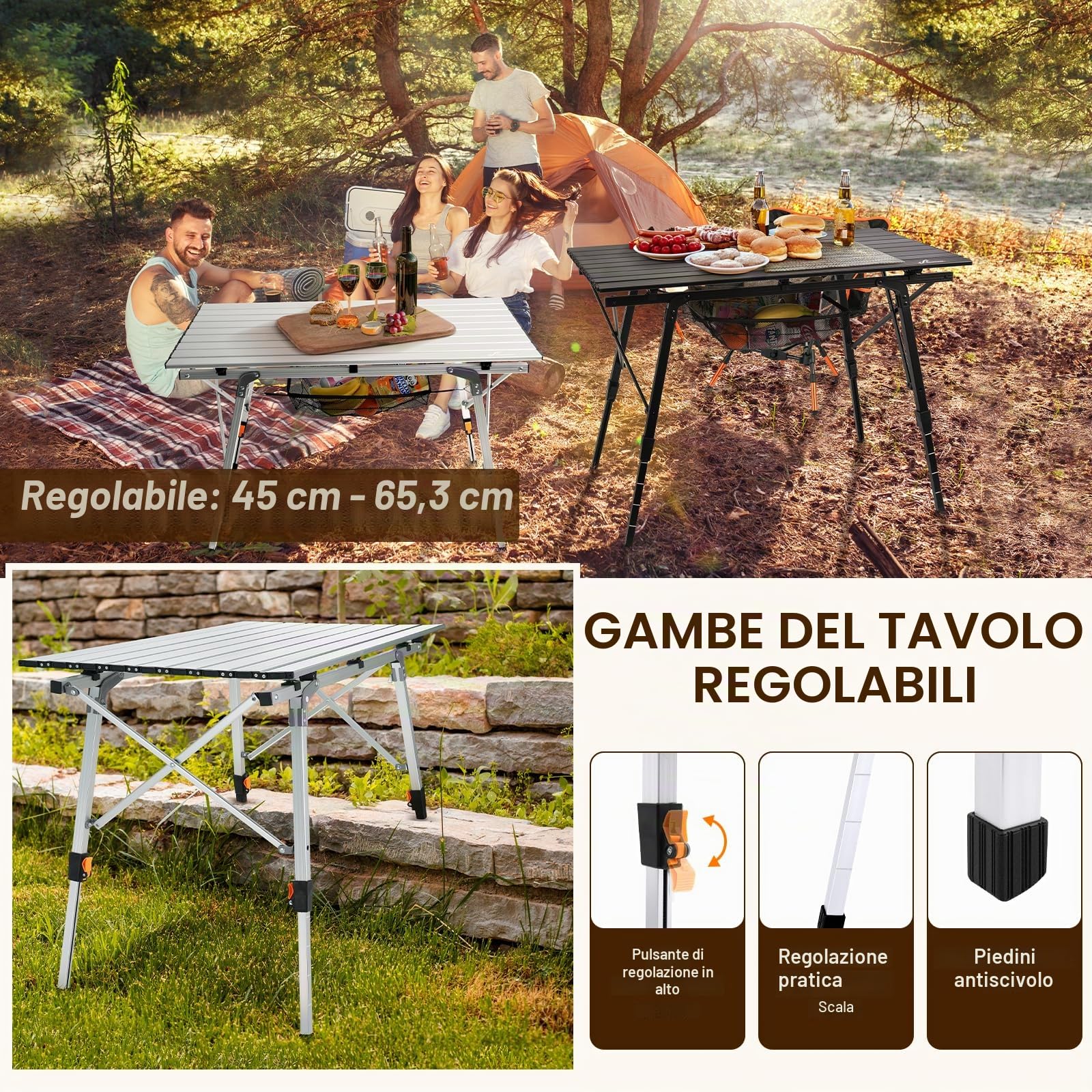 Sportneer Tavolo da Campeggio Pieghevole 90×52 cm, Tavolo Pieghevole con Altezza Regolabile, Telaio in Alluminio, Piano Arrotolabile, Tavolo Portatile per Campeggio, Picnic e Outdoor