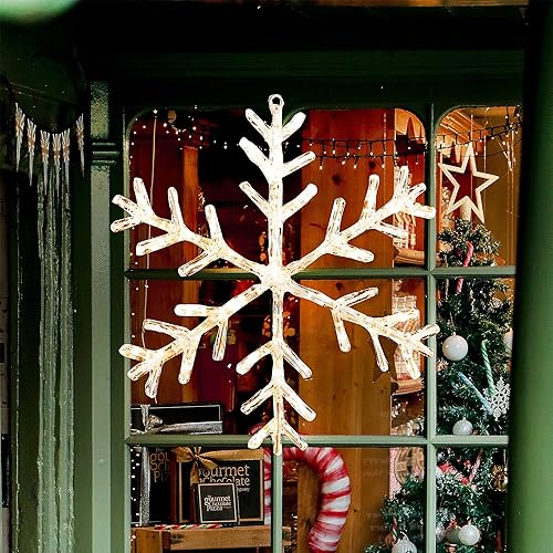 ooLALoo Luz LED de copo de nieve para ventana, luz acrílica blanca cálida con forma de copo de nieve, silueta de copo de nieve, funciona con pilas,