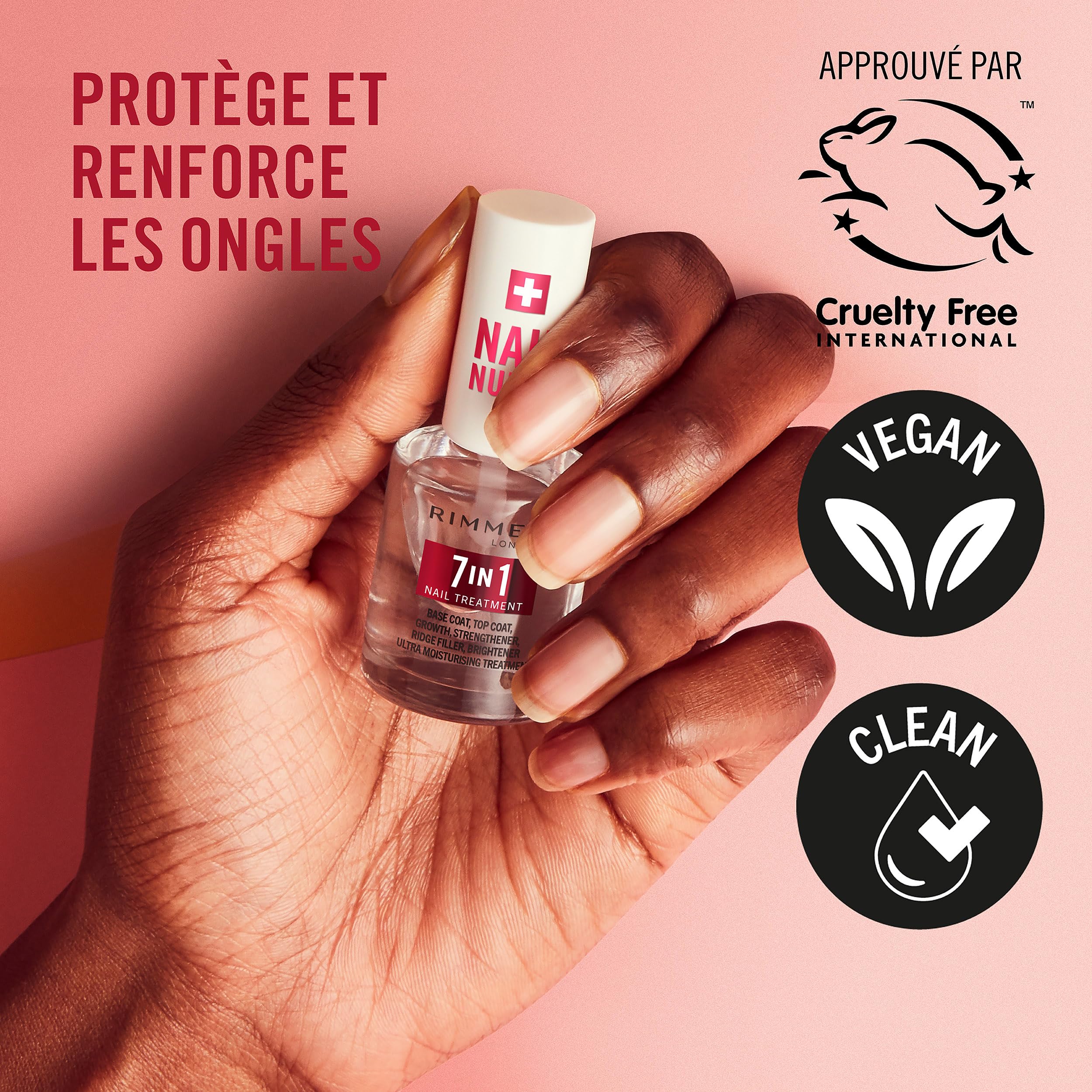 Rimmel London Soin des ongles - Base & Top Coat 7 en 1 polyvalents, sèche rapidement, fini lisse, protège les ongles, scelle la couleur, formule vegan 12 ml