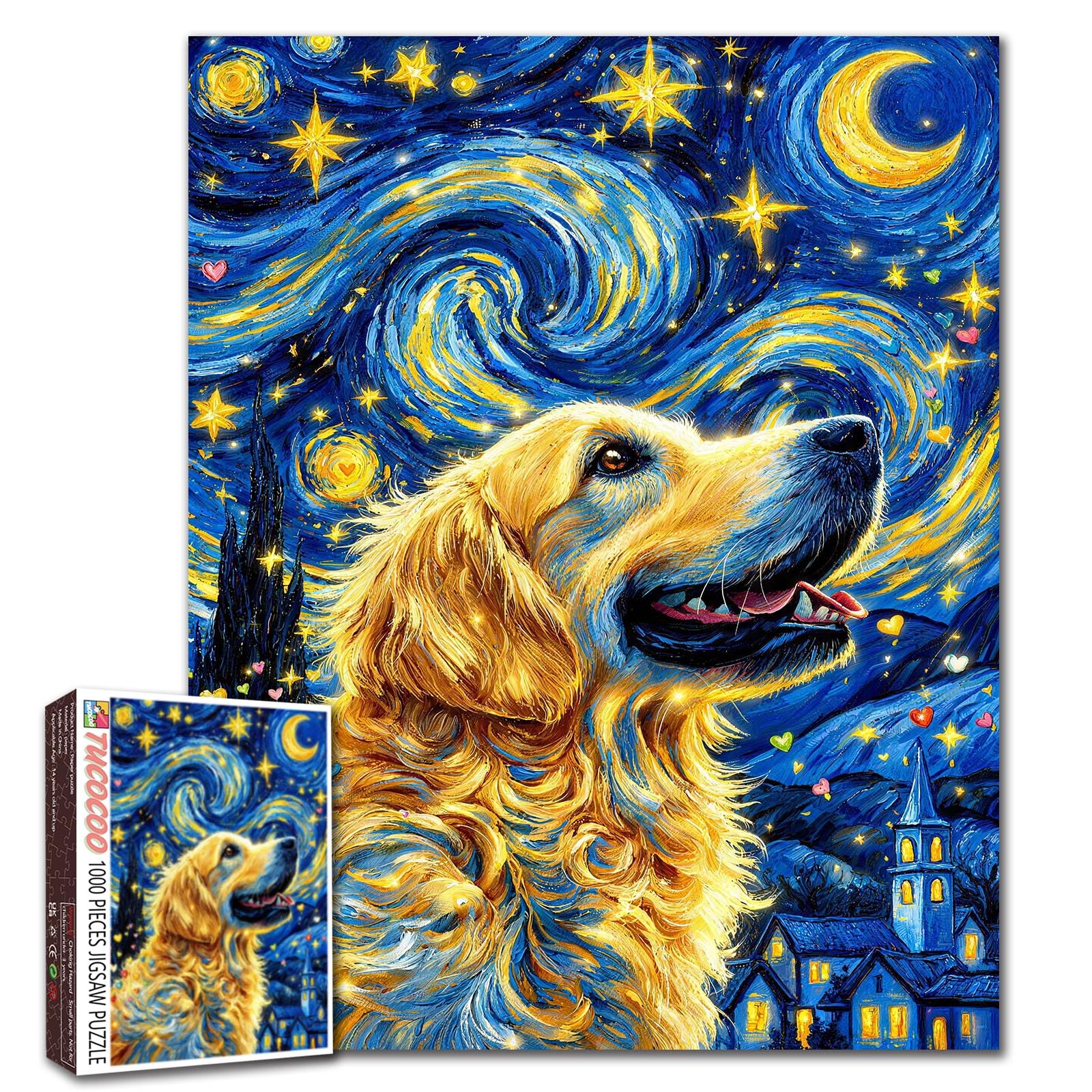 Dog Starry Night Jigsaw Puzzle 1000 Piece Puzzles for Adults and Beginner Animal Painting Artwork Puzzles Farmhouse Decor Challenging Family Activity Games Colorful DIY Craft Gifts 20×27 Inches — image 1
