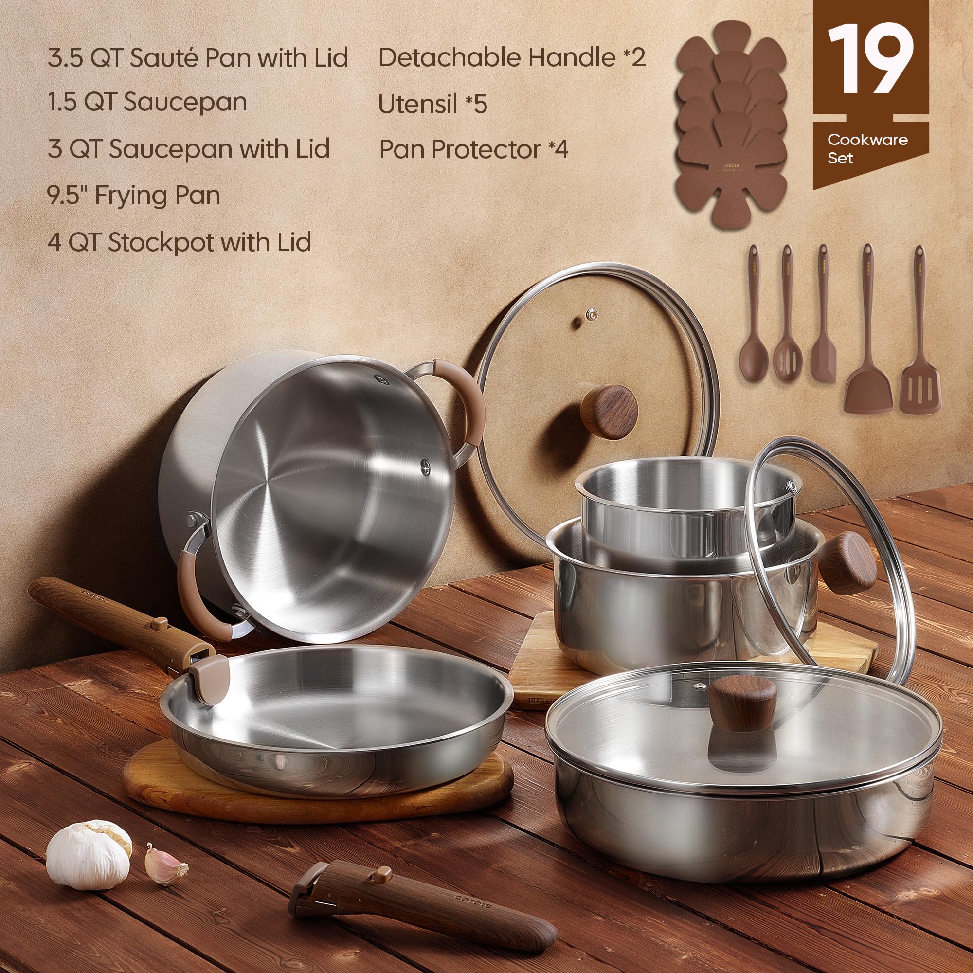 CAROTE 19-teiliges Edelstahl-Kochgeschirr-Set mit abnehmbarem Griff, Töpfe und Pfannen Set, Induktionsküchen-Kochsets, Wohnmobil/Camping-Kochgeschirr, abnehmbarer Griff, ofenfest, Holzmaserung