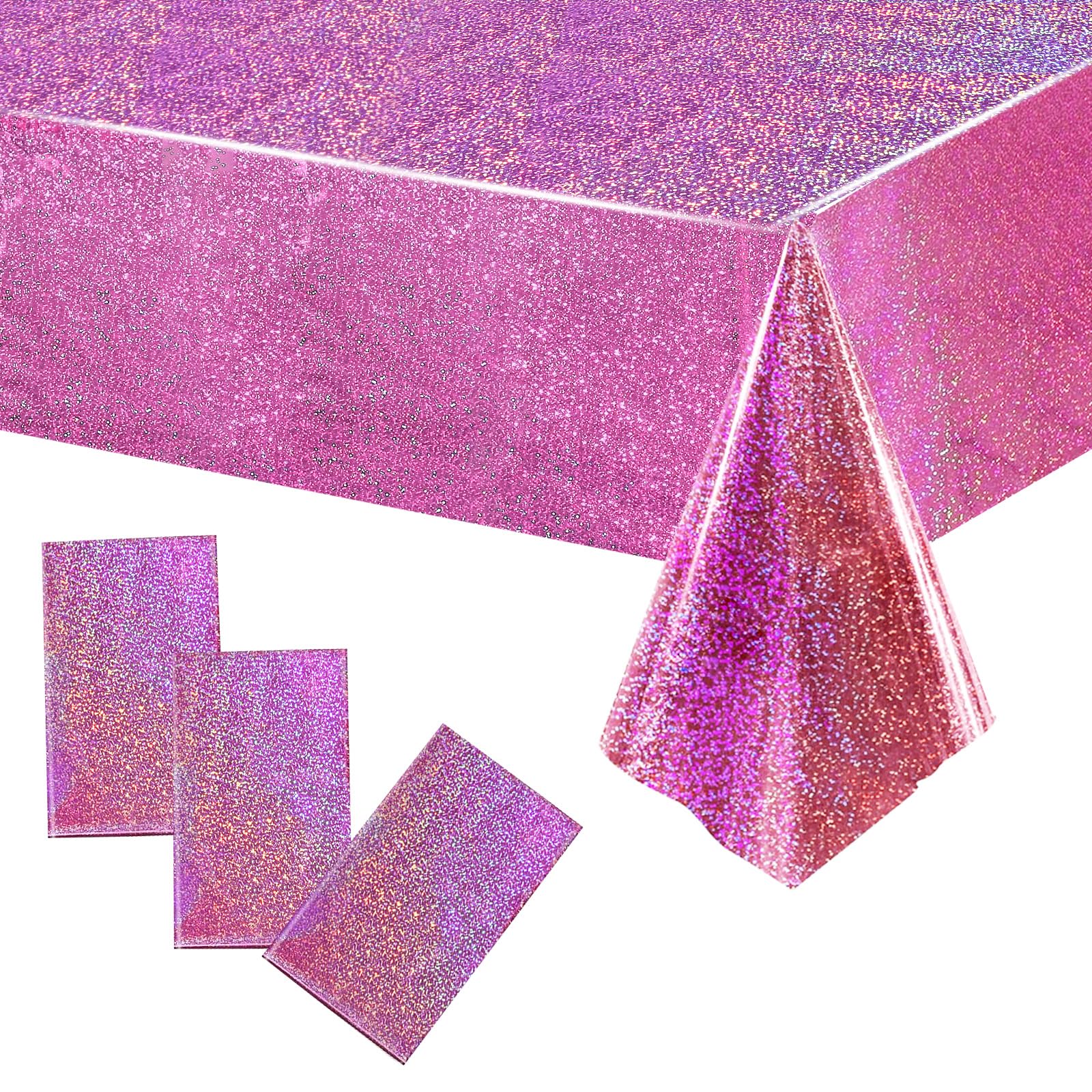 Pink Tablecloth-Plastic Table Cloth Disposable,Glitter Tablecloth for Birthday Decorations,3 Pc 54"x108" Iridescent Foil Table Cover replacement for Barby Disco Baby Shower Bachelorette Party Decor