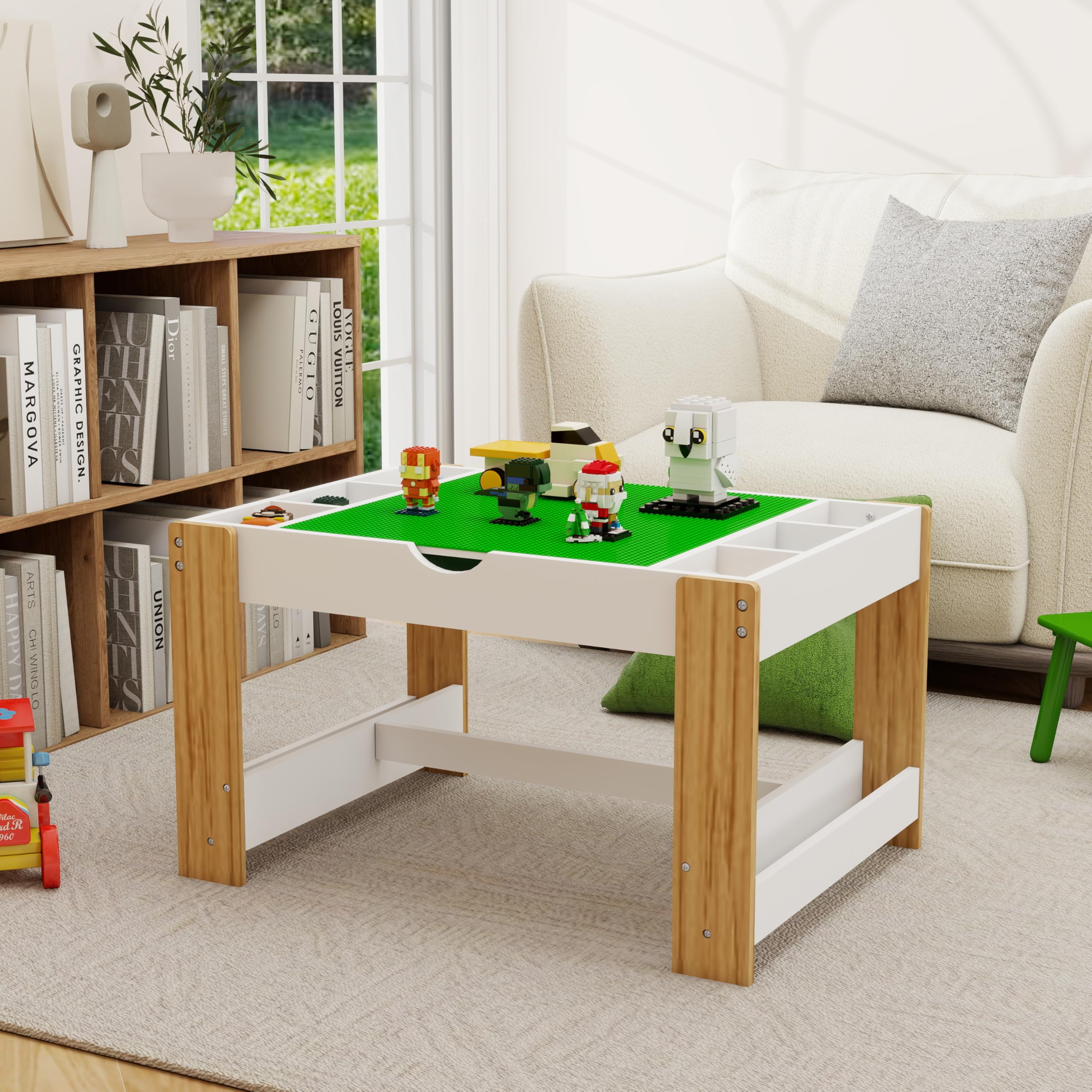 Yestar Play Table with Storage, Compatible with & Duplo Bricks, Kids Activity Table Playset in Modern White & Green – Fun & Organized Building Space (White + Green)
