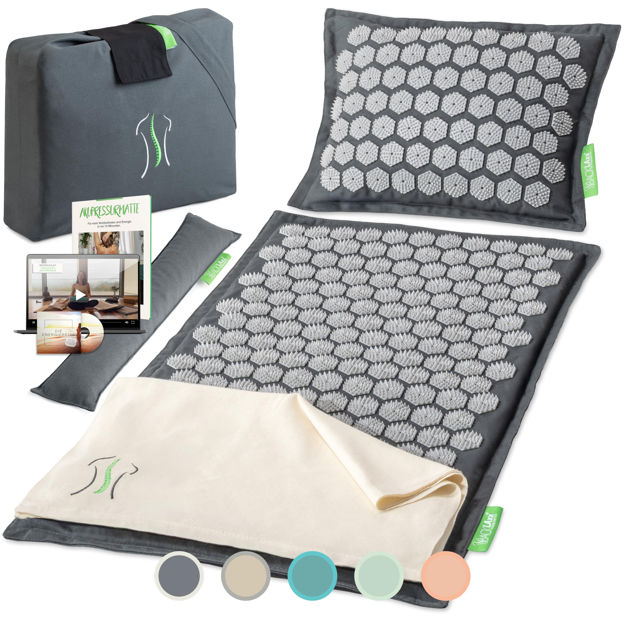 BACKLAXX® Akupressurmatte mit Kissen, Tuch und Tasche | Akupunktur-Matte mit Stacheln zur Massage | Entspannung Akkupressmatte für Nacken & Schulter | Massagematte für Rücken & Ganzkörper