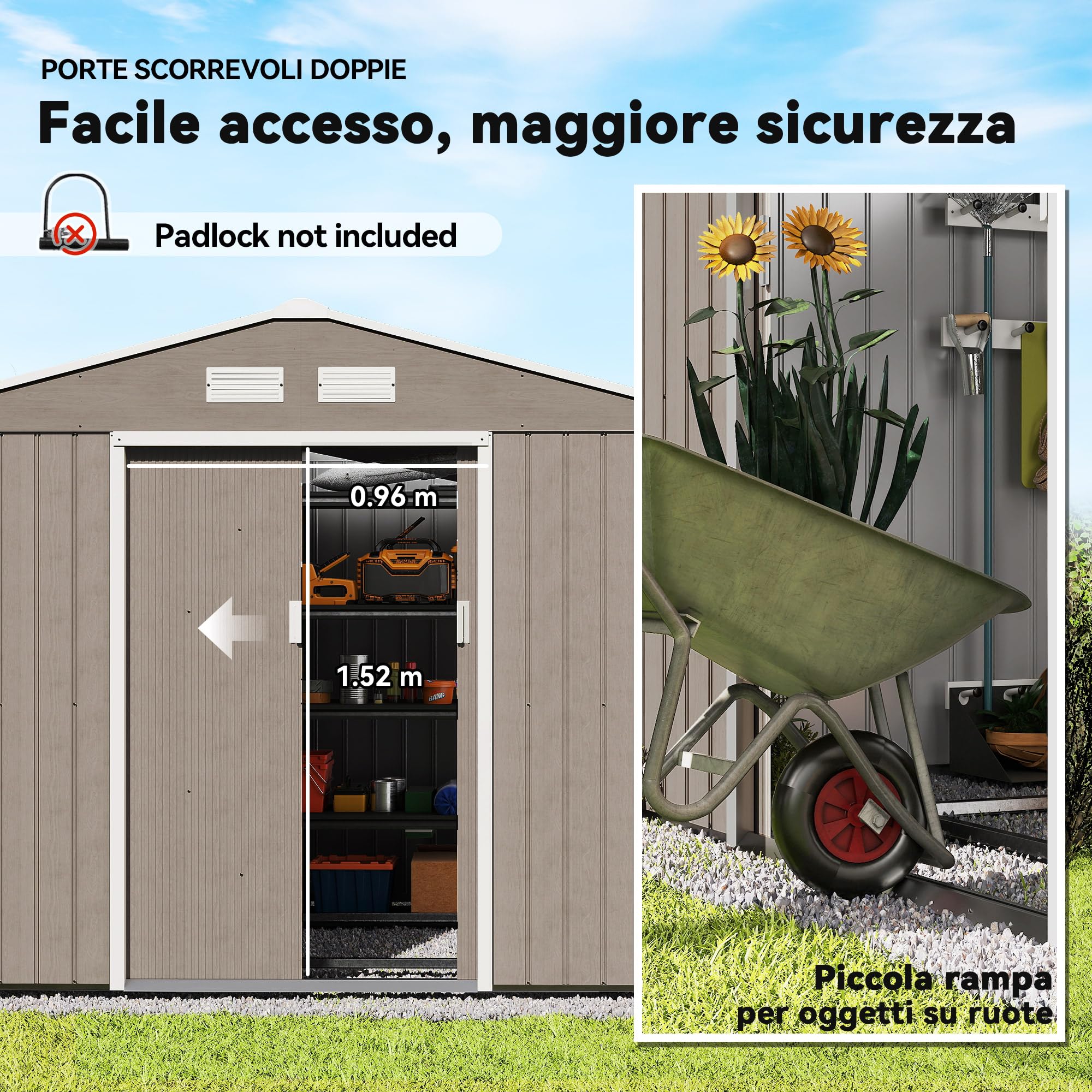 Outsunny Casetta da Giardino 5m² con Kit Fondazione Acciaio Marrone Chiaro | Acciaio Zincato, Prese d'Aria, Tetto Inclinato, Doppia Porta Scorrevole Bloccabile, Capanno Porta Attrezzi