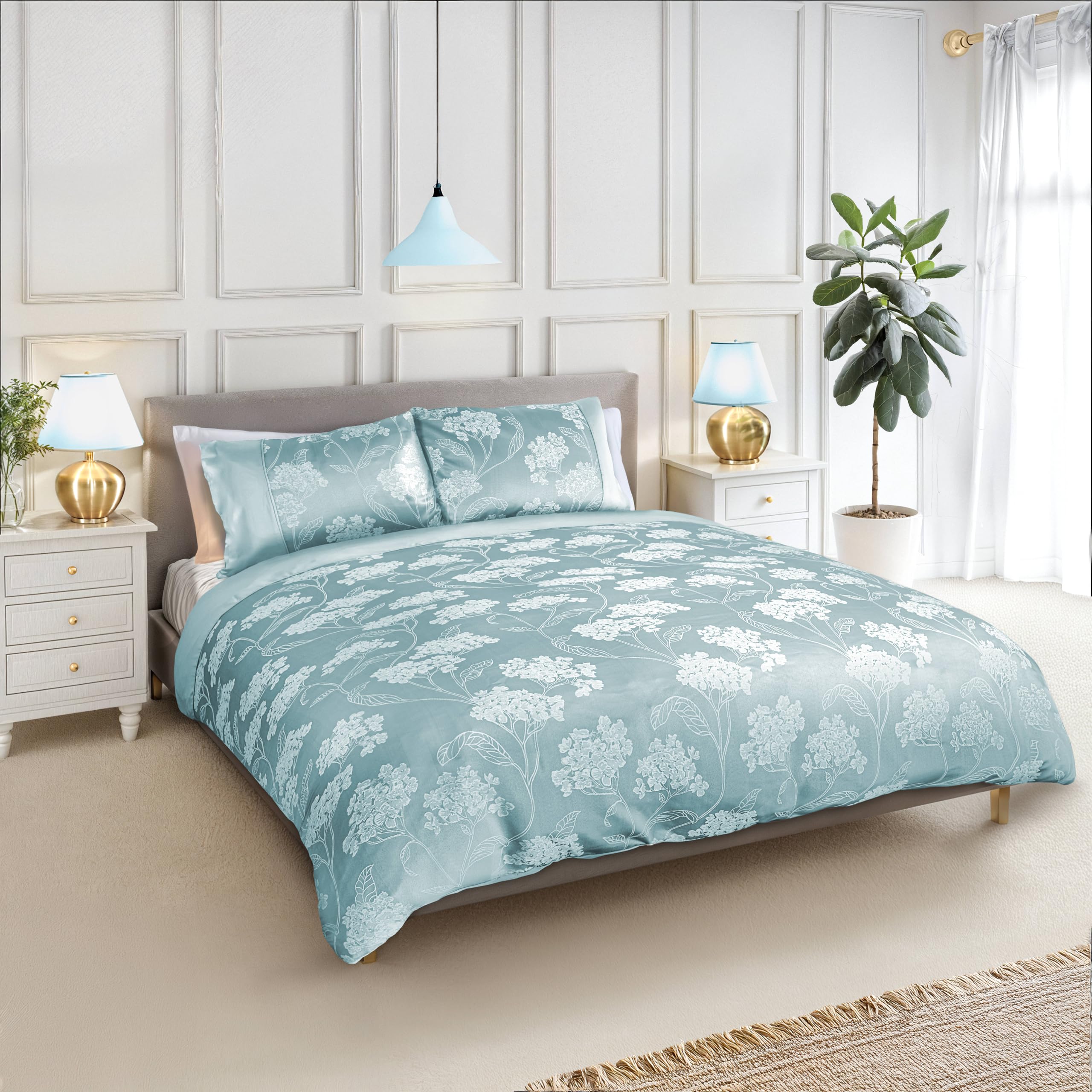 Emma Barclay Teal Blossom - Embellished Jacquard Duvet Set In Duck Egg - Double
