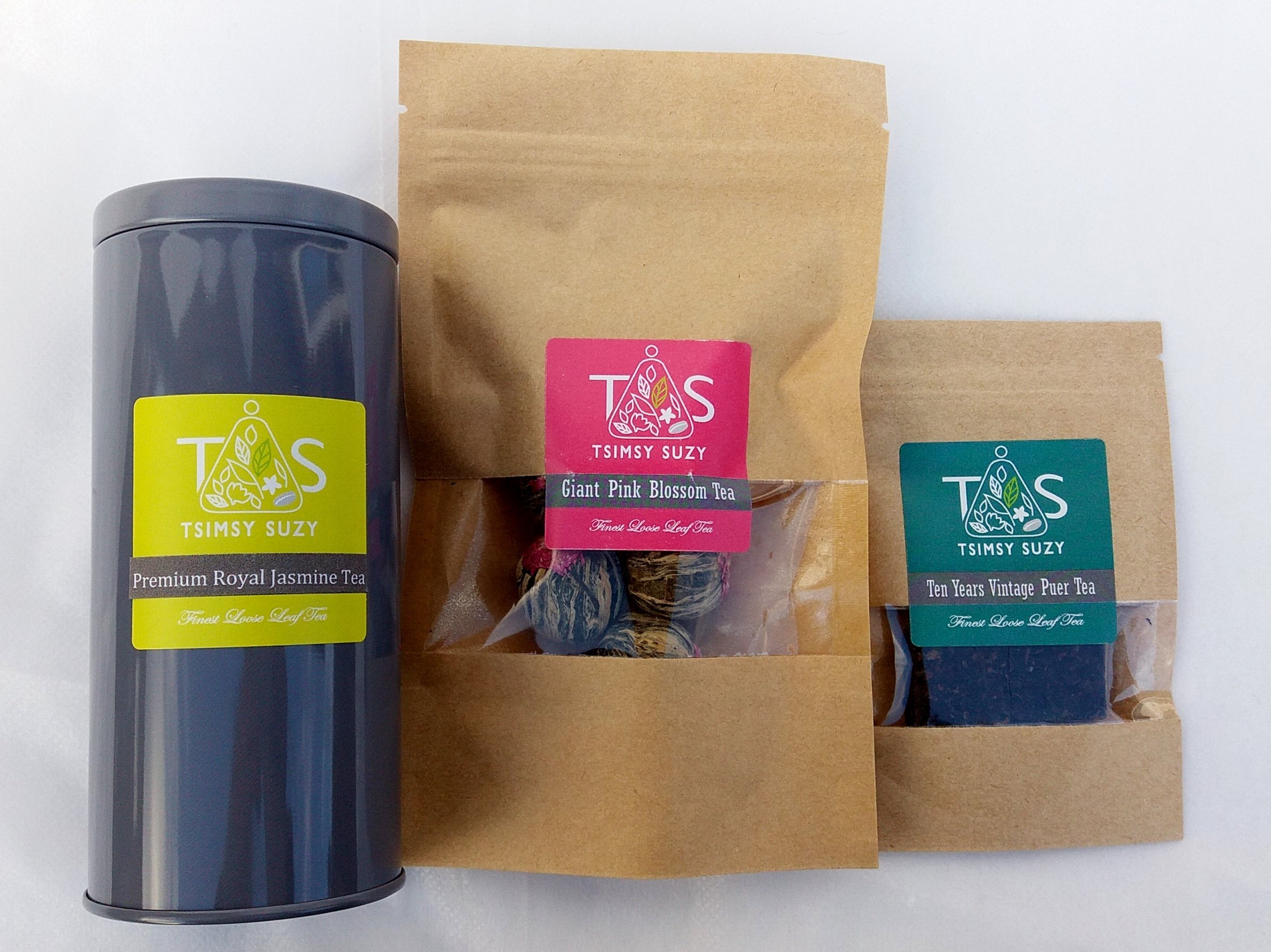 Premium Tea Bundle - Premium Jasmine Tea, Giant Pink Flowering Tea, Ten Years Vintage Puer Tea